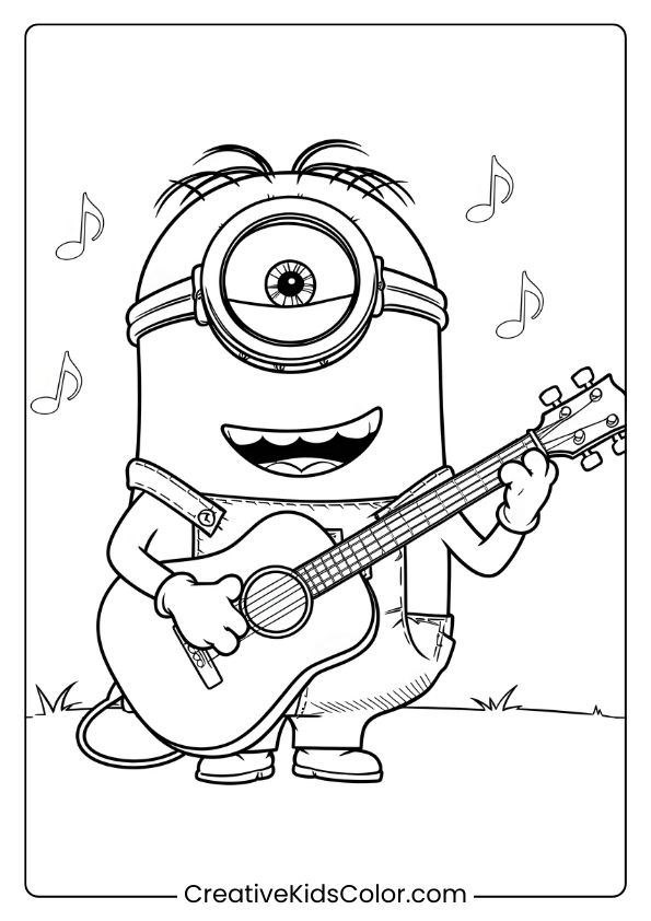 A Minion Coloring Page Featuring Stuart Playing A Guitar Surrounded By Floating Musical Notes For Music Lovers.