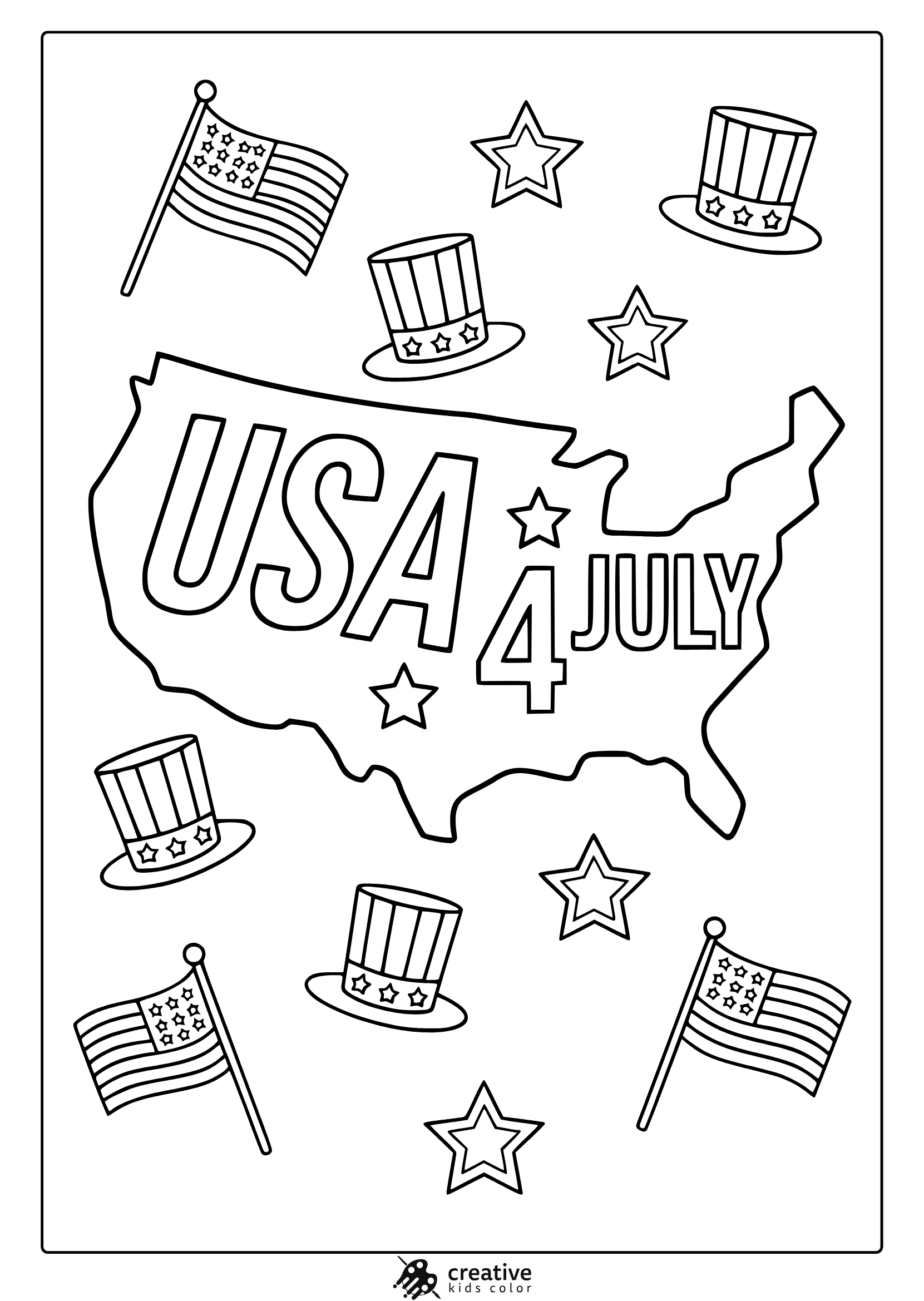 Coloring Page With Usa Map, Flags, And Stars For A Fun 4Th Of July Patriotic Celebration.