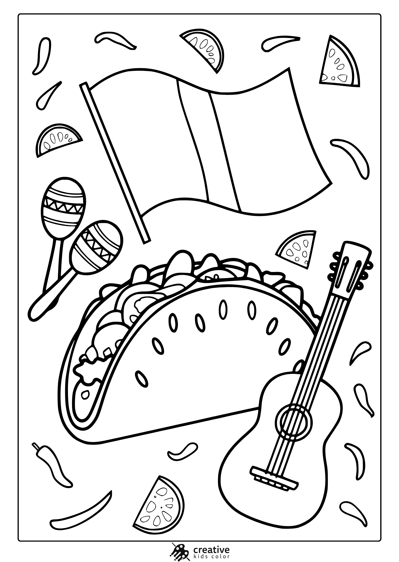 A 5 De Mayo Coloring Page With A Taco, Maracas, A Guitar, A Waving Flag, And Scattered Limes And Chili Peppers.