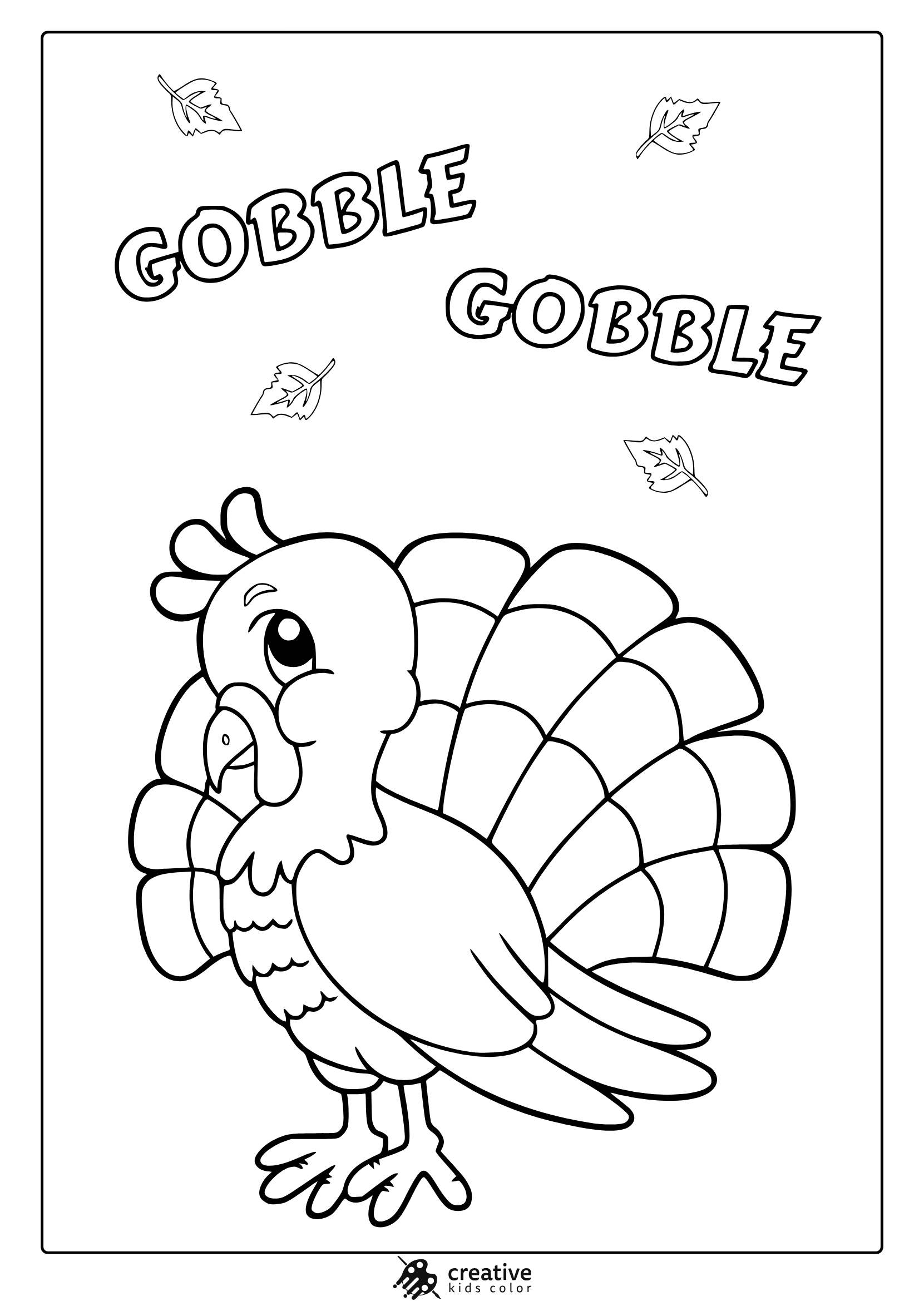 Adorable Thanksgiving turkey coloring page with Gobble Gobble text and cartoon leaf details.