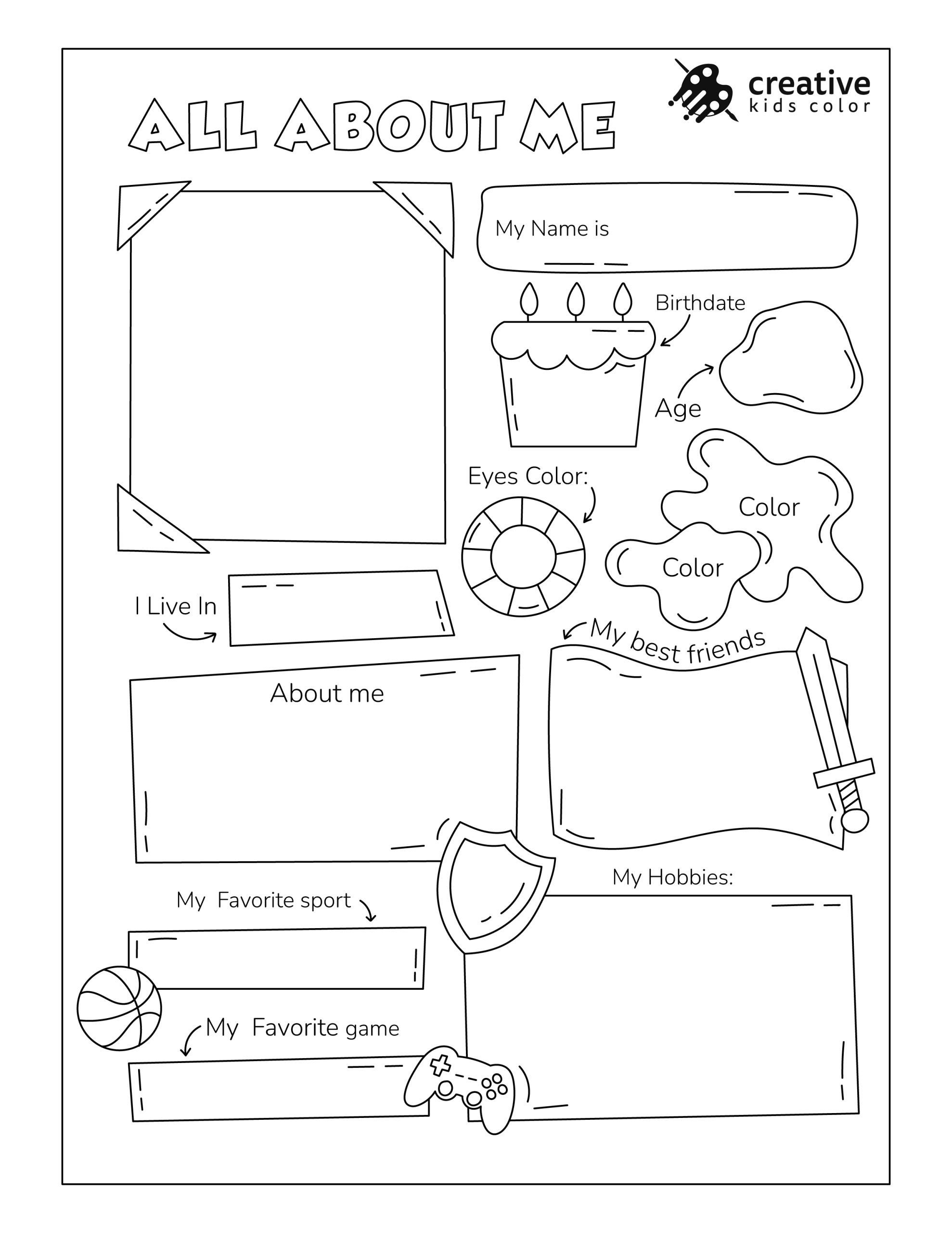 Creative All About Me Worksheet For Boys Featuring Drawing Spaces And Fun Personal Prompts.