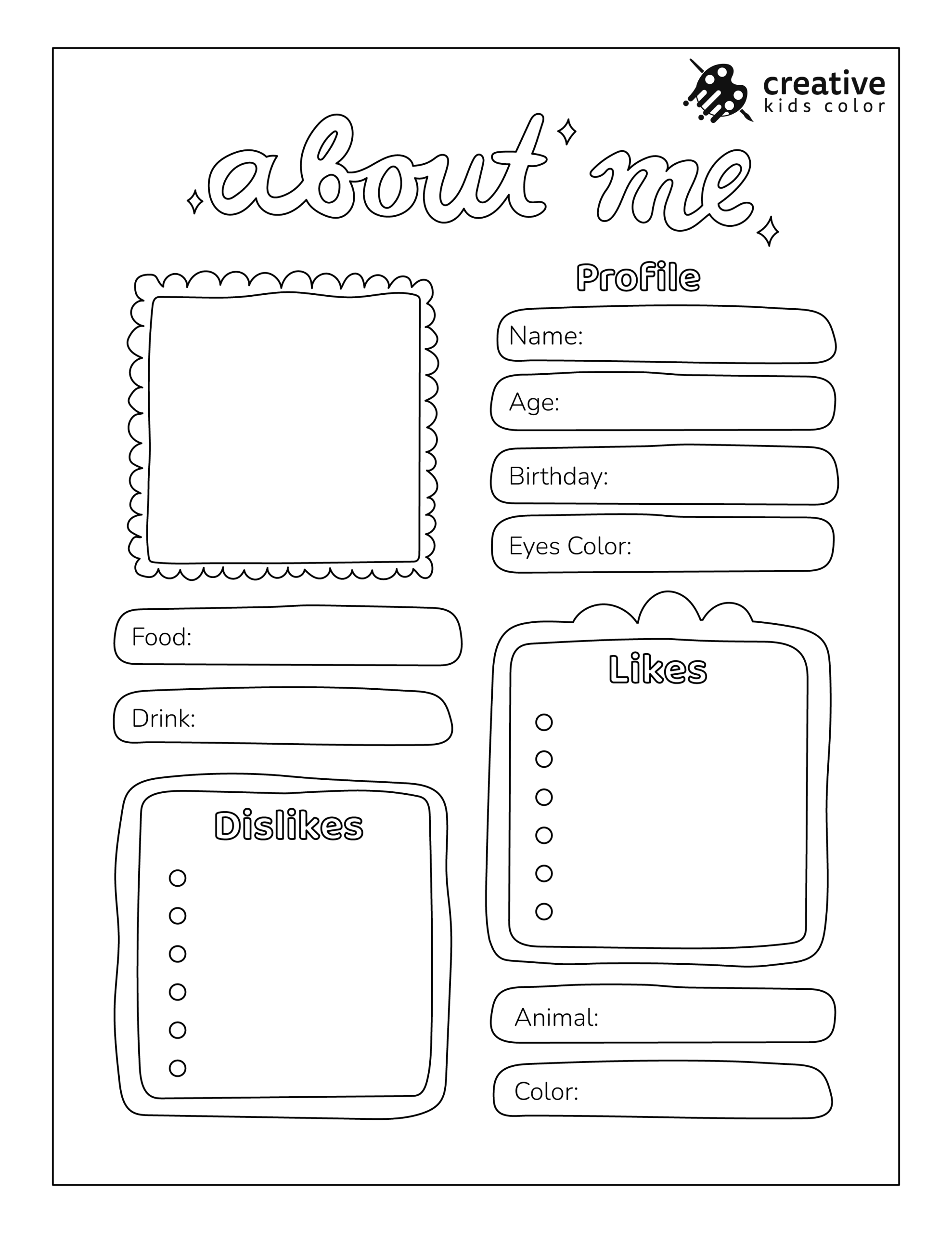 Printable All About Me Worksheet For Girls To Write About Their Hobbies, Colors, And Favorites.