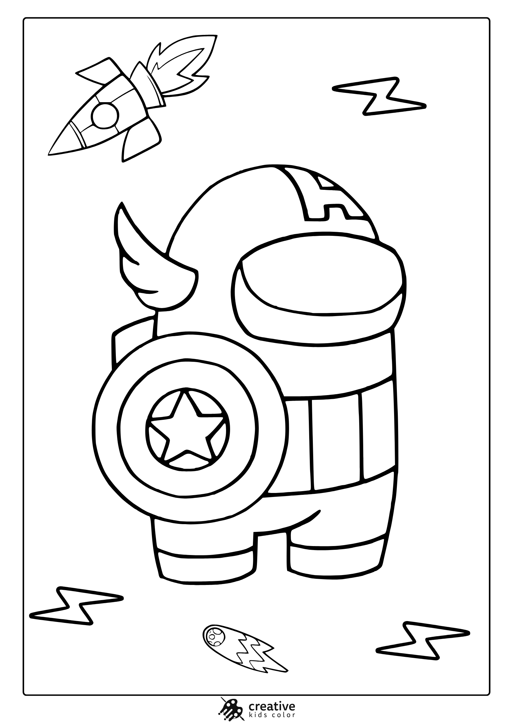 Among Us-Style Captain America Coloring Page With Shield, Lightning Bolts, And Simple Cartoon Shapes.