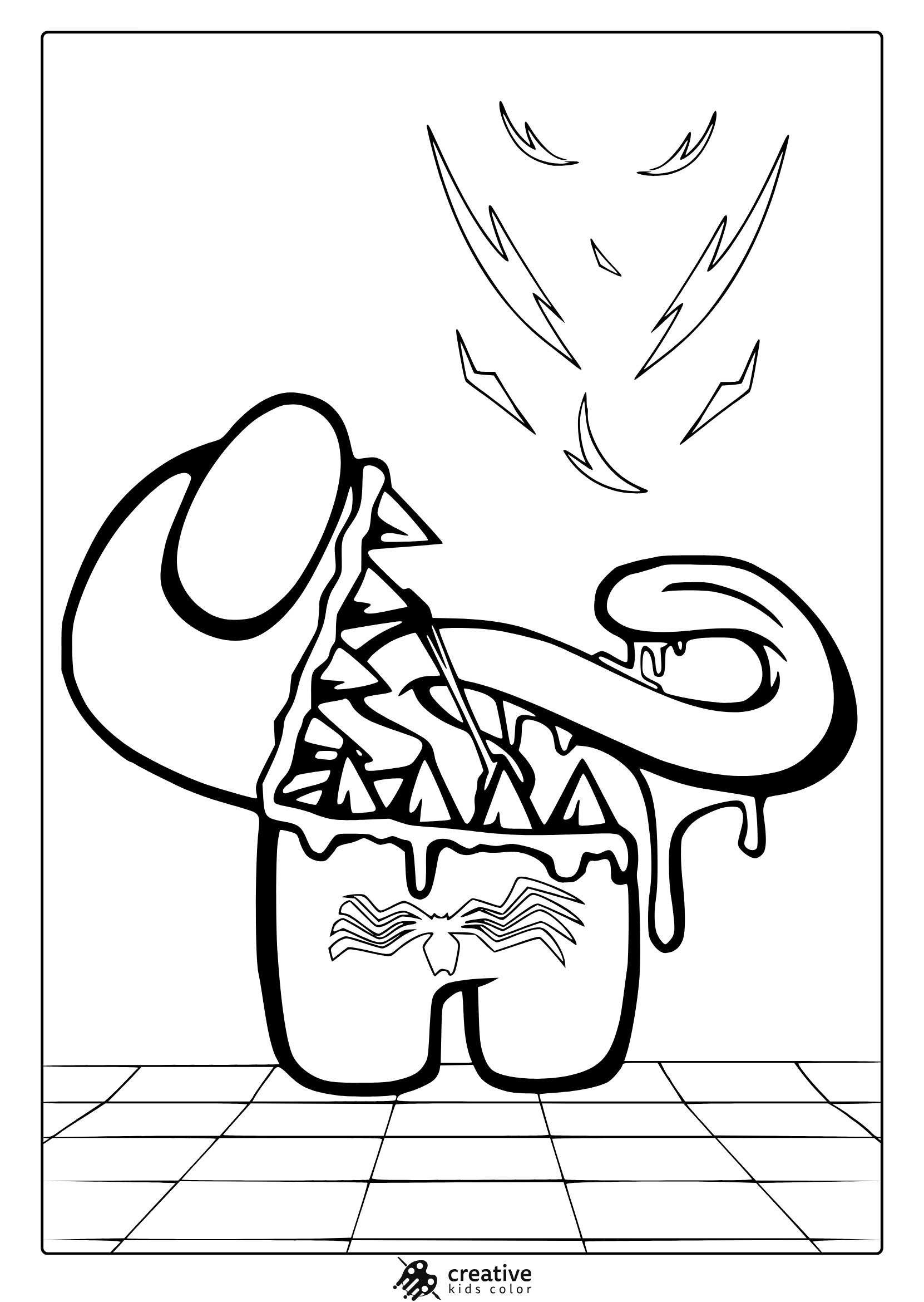 Among Us And Venom Mashup Coloring Page Featuring A Melting Cartoon Style With Bold And Clean Outlines.