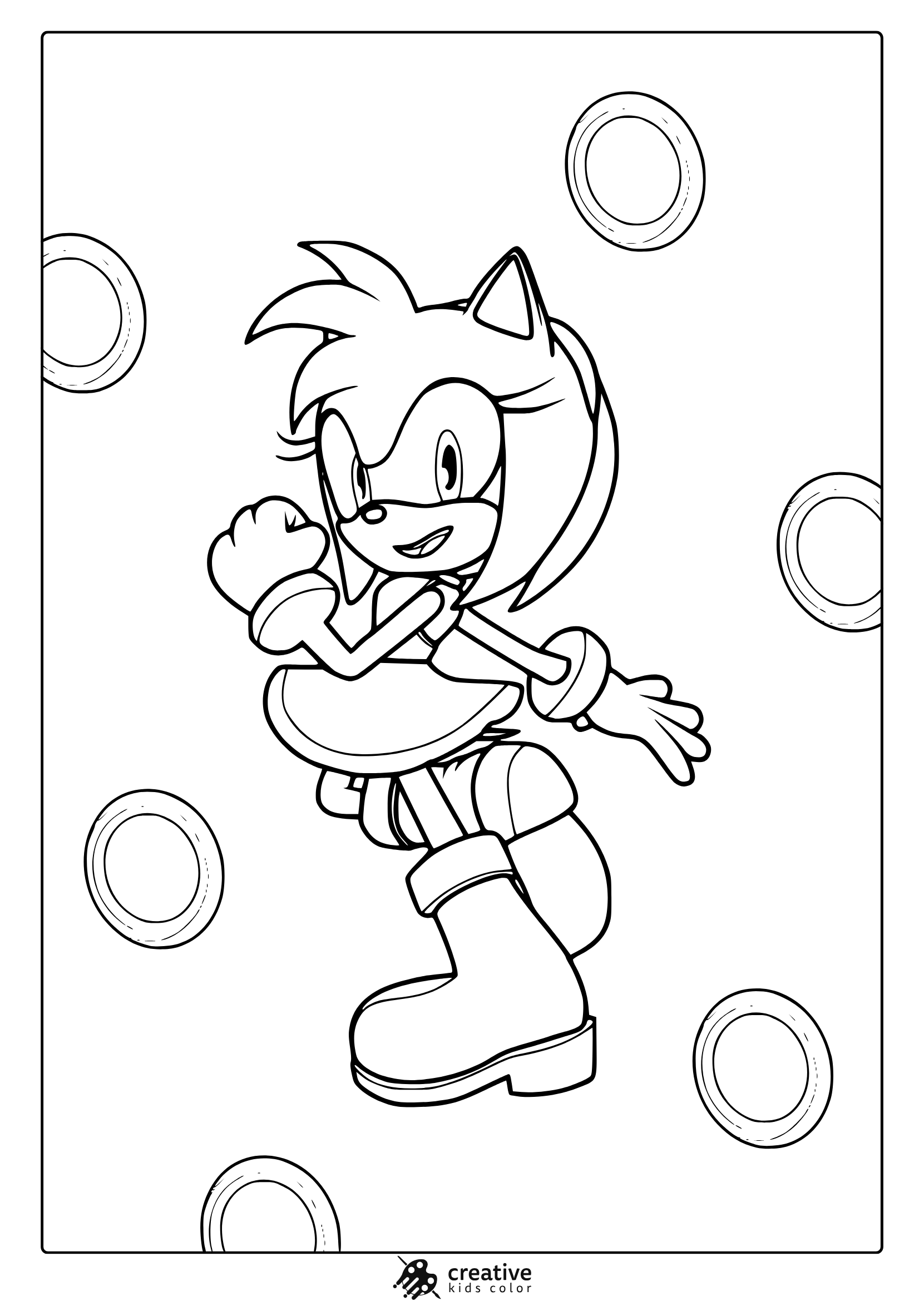 Coloring Page With Amy Rose Posing Boldly With Floating Ring Background.