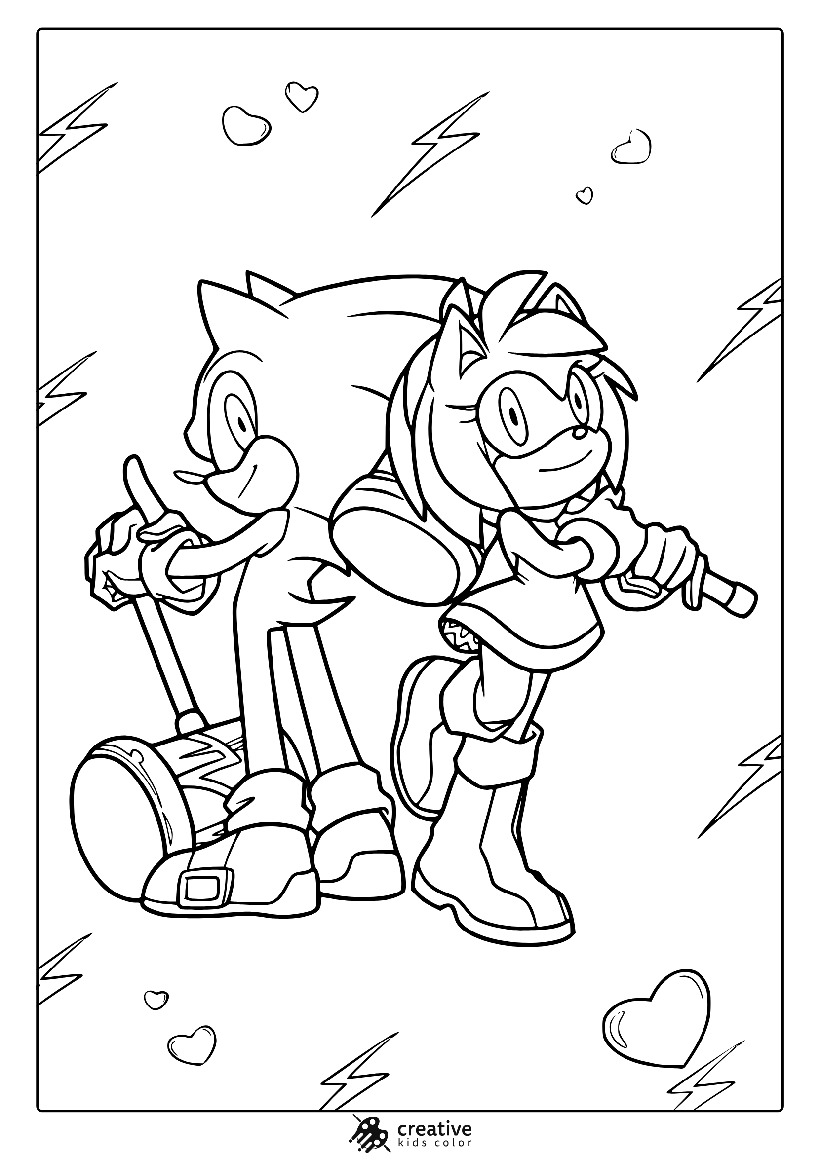 Coloring Page With Sonic And Amy Posing Together With Heart And Lightning Designs.