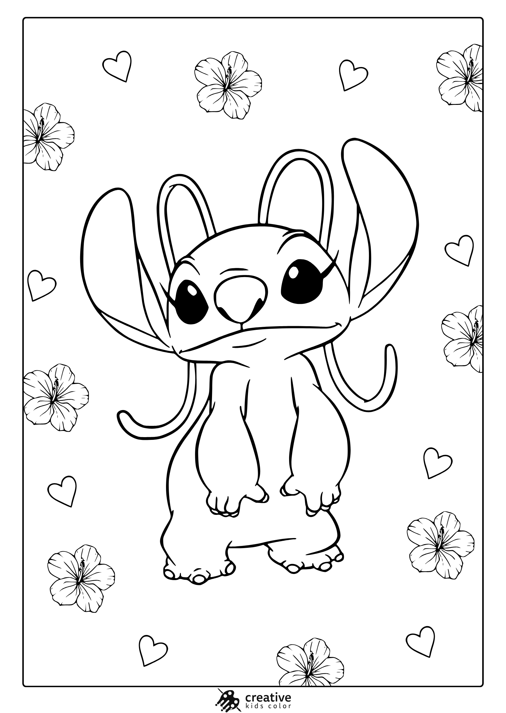 Angel Coloring Page With Hibiscus Flowers And Small Hearts, Drawn In A Simple, Cute Cartoon Style Without Shading.