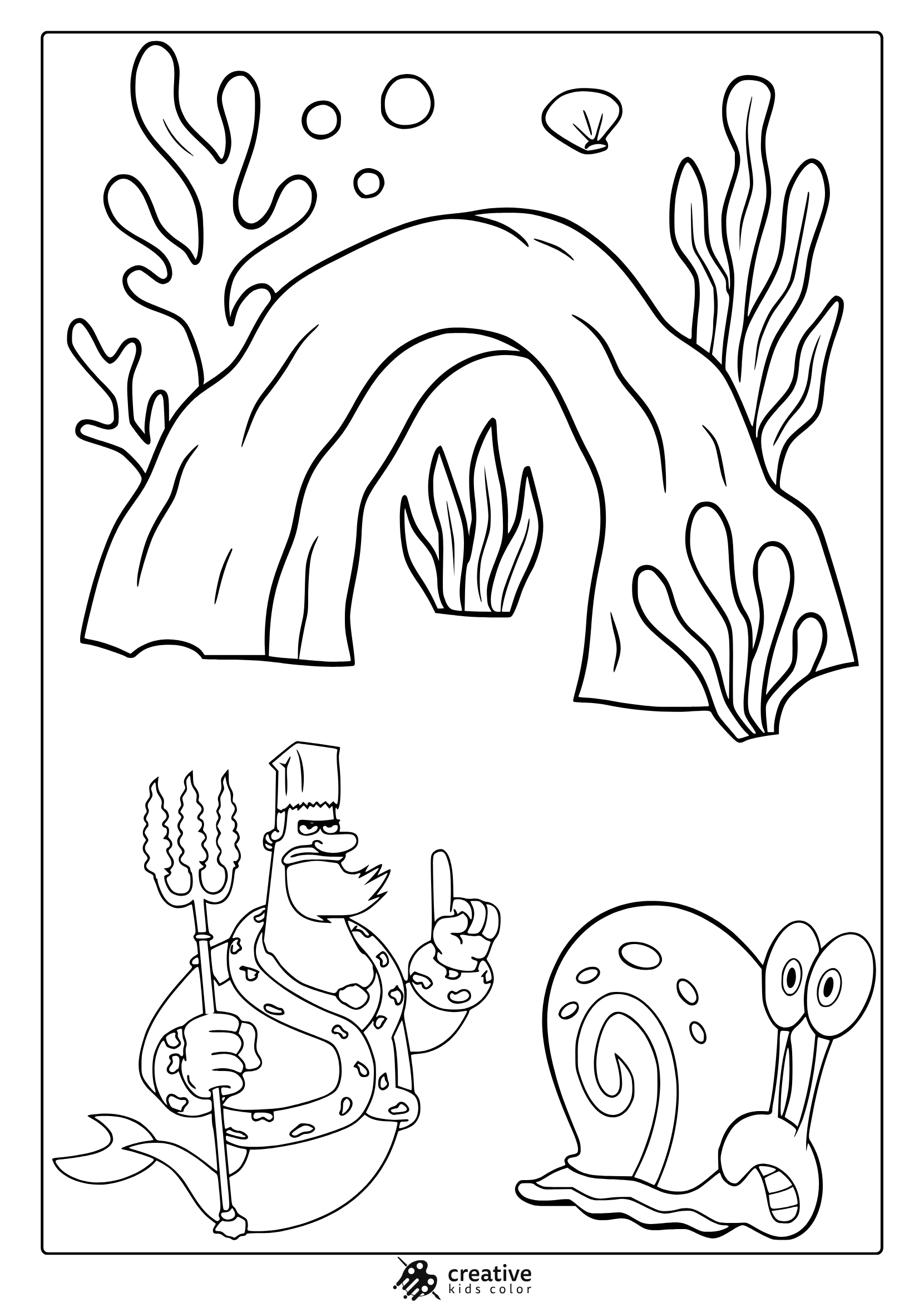 King Neptune And Gary The Snail In An Underwater Coloring Page With Seaweed And Coral Elements.