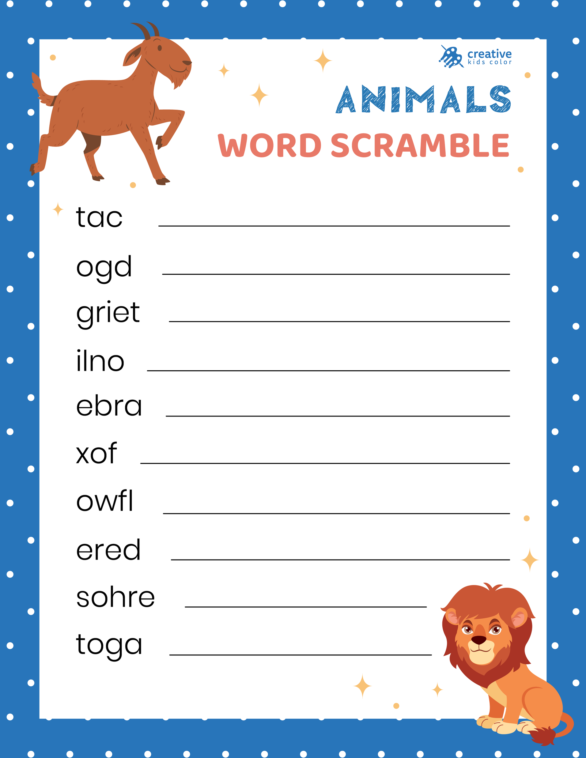 Free printable Animals Word Scramble for all ages to learn and recognize animal names.