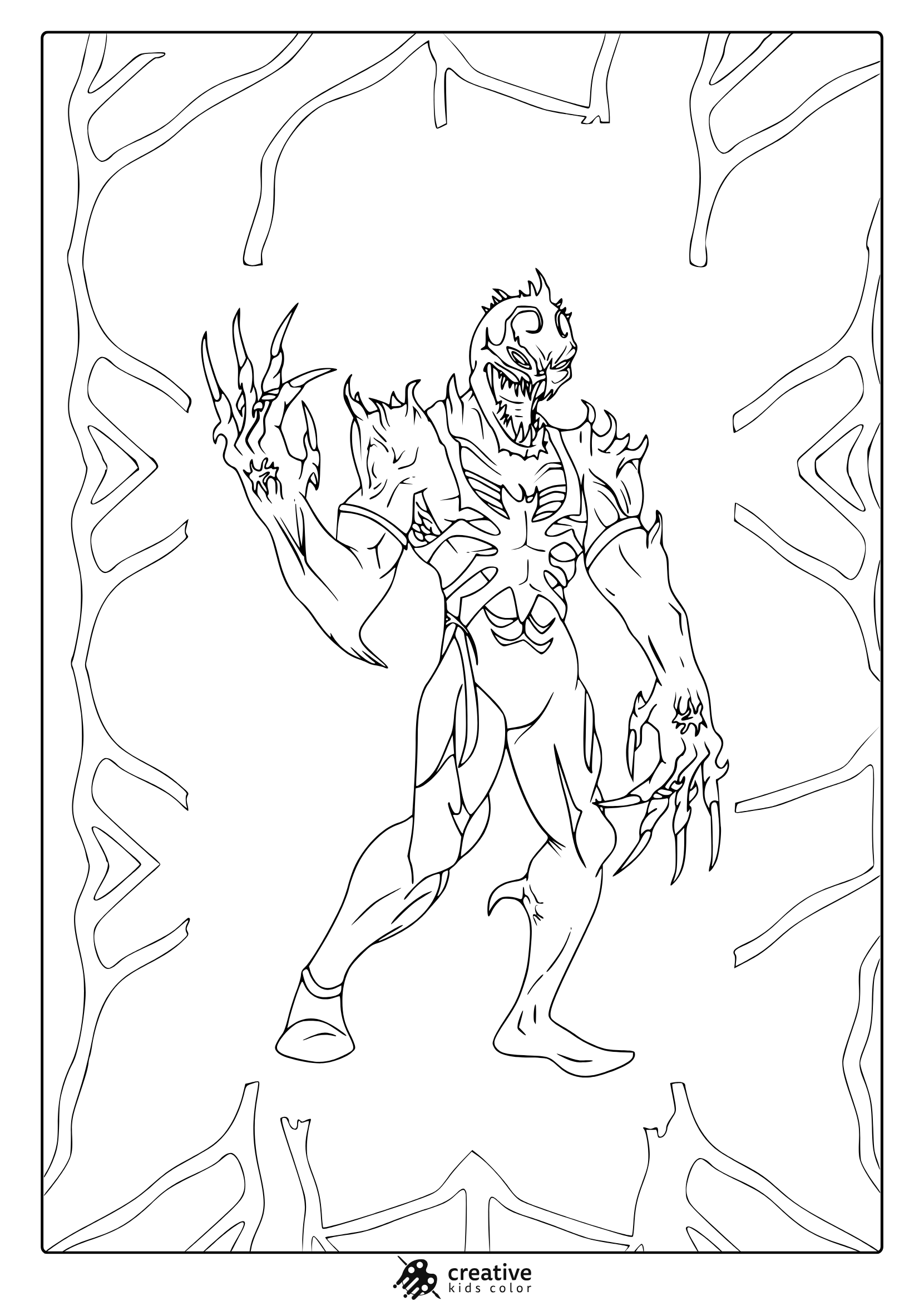 Anti Venom Coloring Page With Dynamic Pose And Sharp Lines Emphasizing The Symbiote'S Muscular Structure.