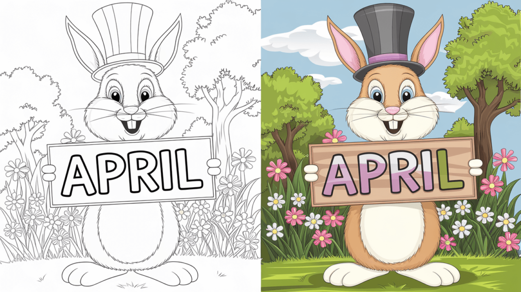 April Coloring Page Cover, Left Side Black And White, Right Side Colored In A Fun, Nature-Filled Scene.