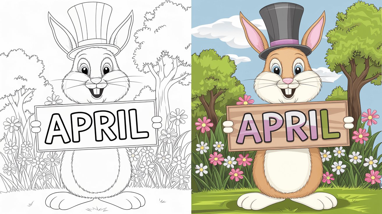 April Coloring Page Cover, Left Side Black And White, Right Side Colored In A Fun, Nature-Filled Scene.