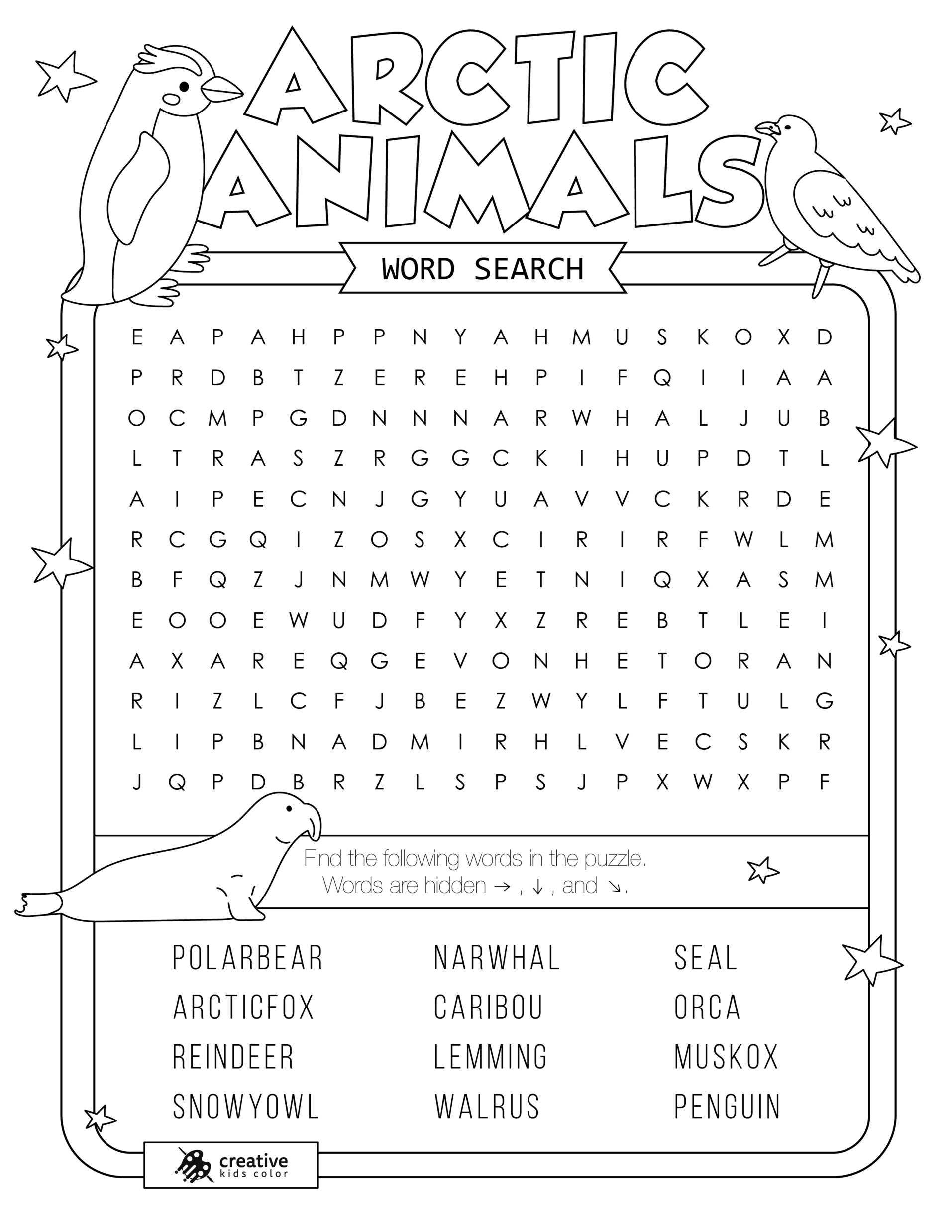 Free printable Arctic Animals word search puzzle with 12 animals from polarbear to penguin.