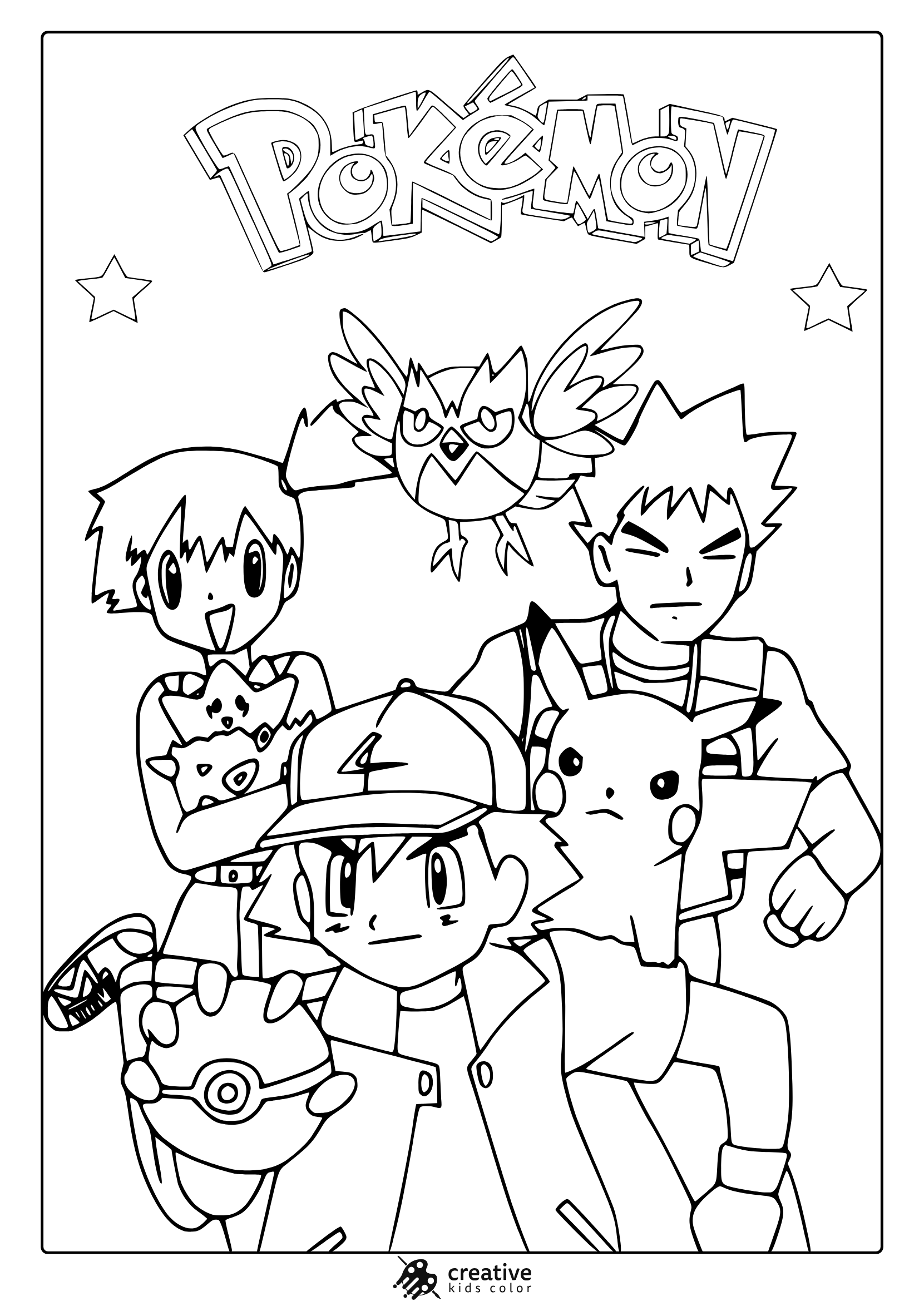 Ash With Brock, Misty, And Pikachu In A Team Pose On A Character Filled Pokémon Coloring Page.