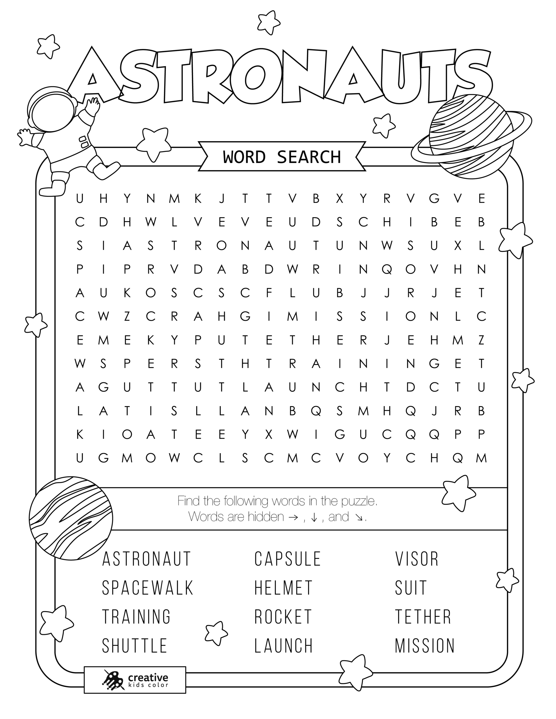 Free printable Astronauts word search puzzle with 12 words from astronaut to rocket.