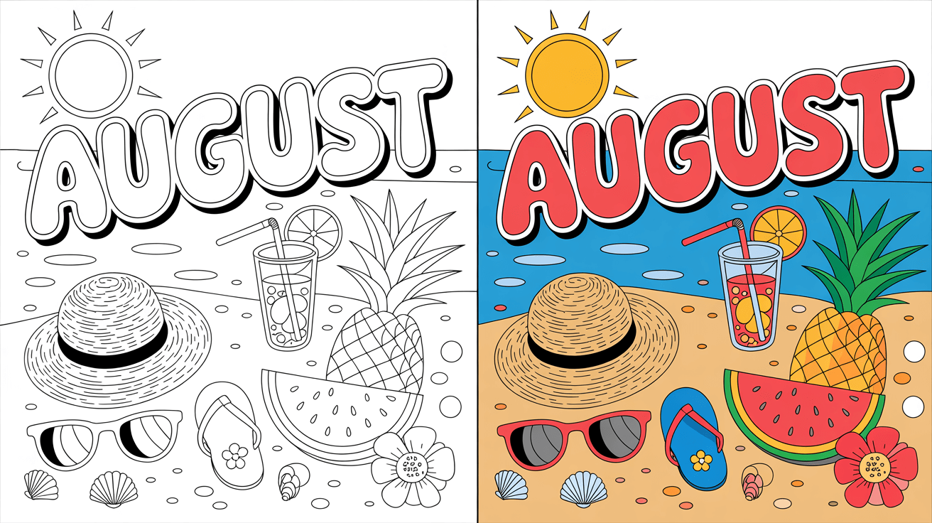 August Coloring Page Cover, Left Side Black And White, Right Side Colored In A Fun, Nature-Filled Scene.