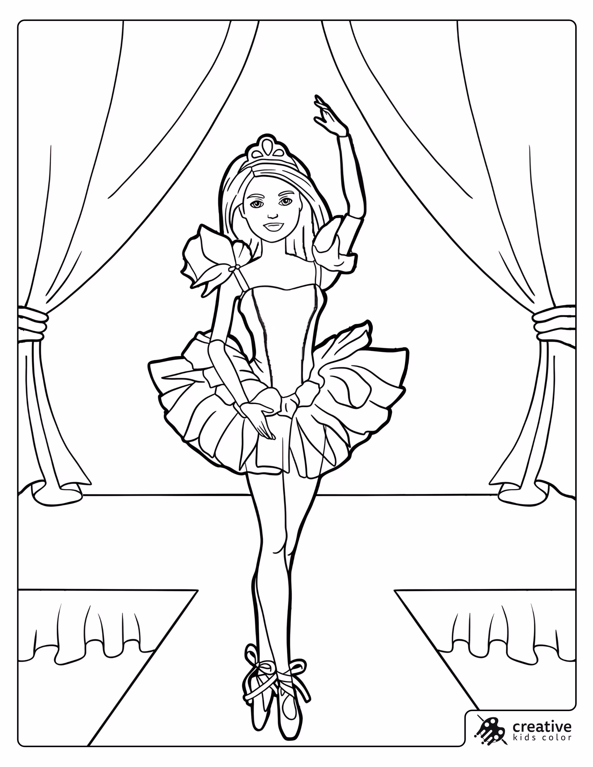 Barbie Ballerina Coloring Page With Barbie Dancing On Pointe On A Stage Between Curtains.
