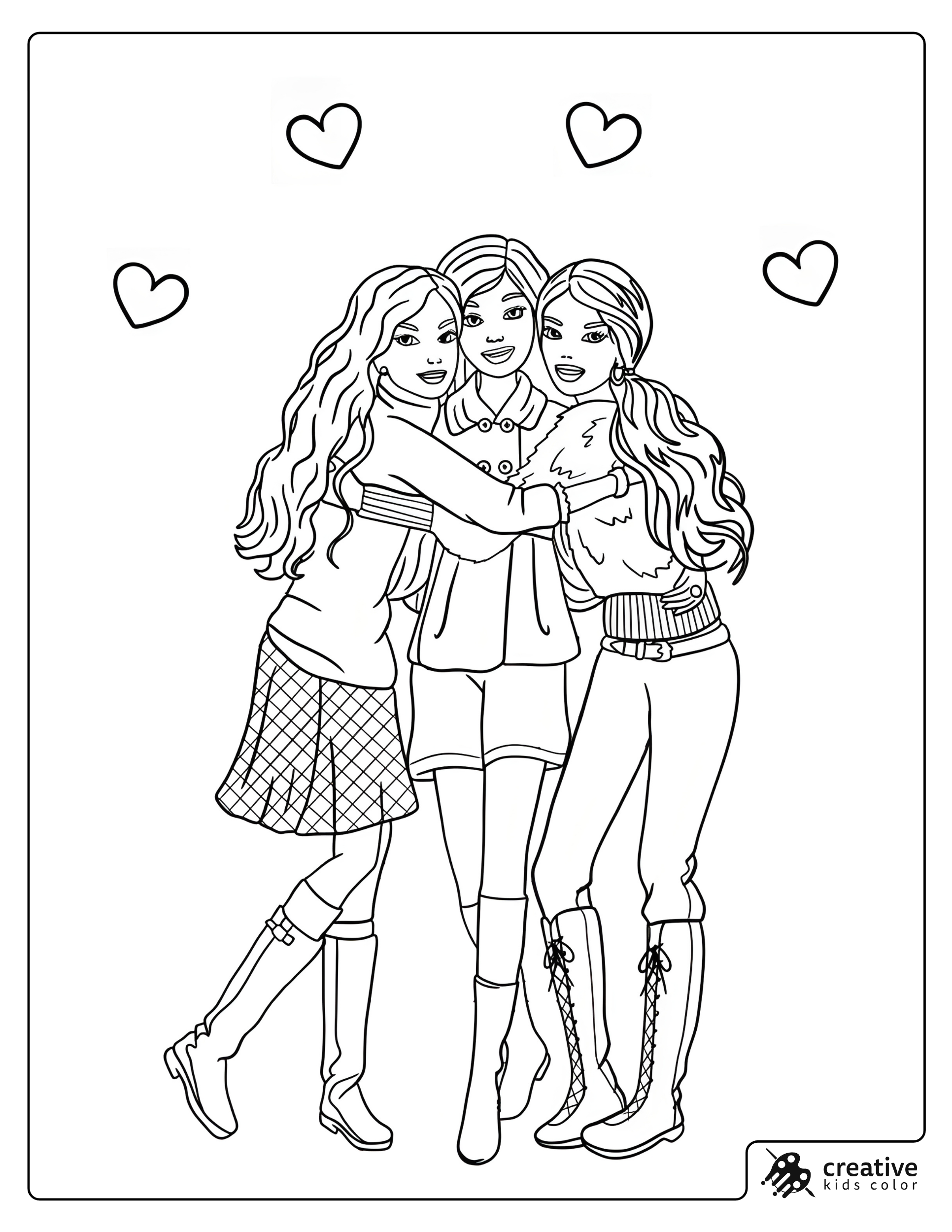 Barbie Friends Forever Coloring Page With Barbie Hugging Nikki And Teresa Under Floating Hearts.