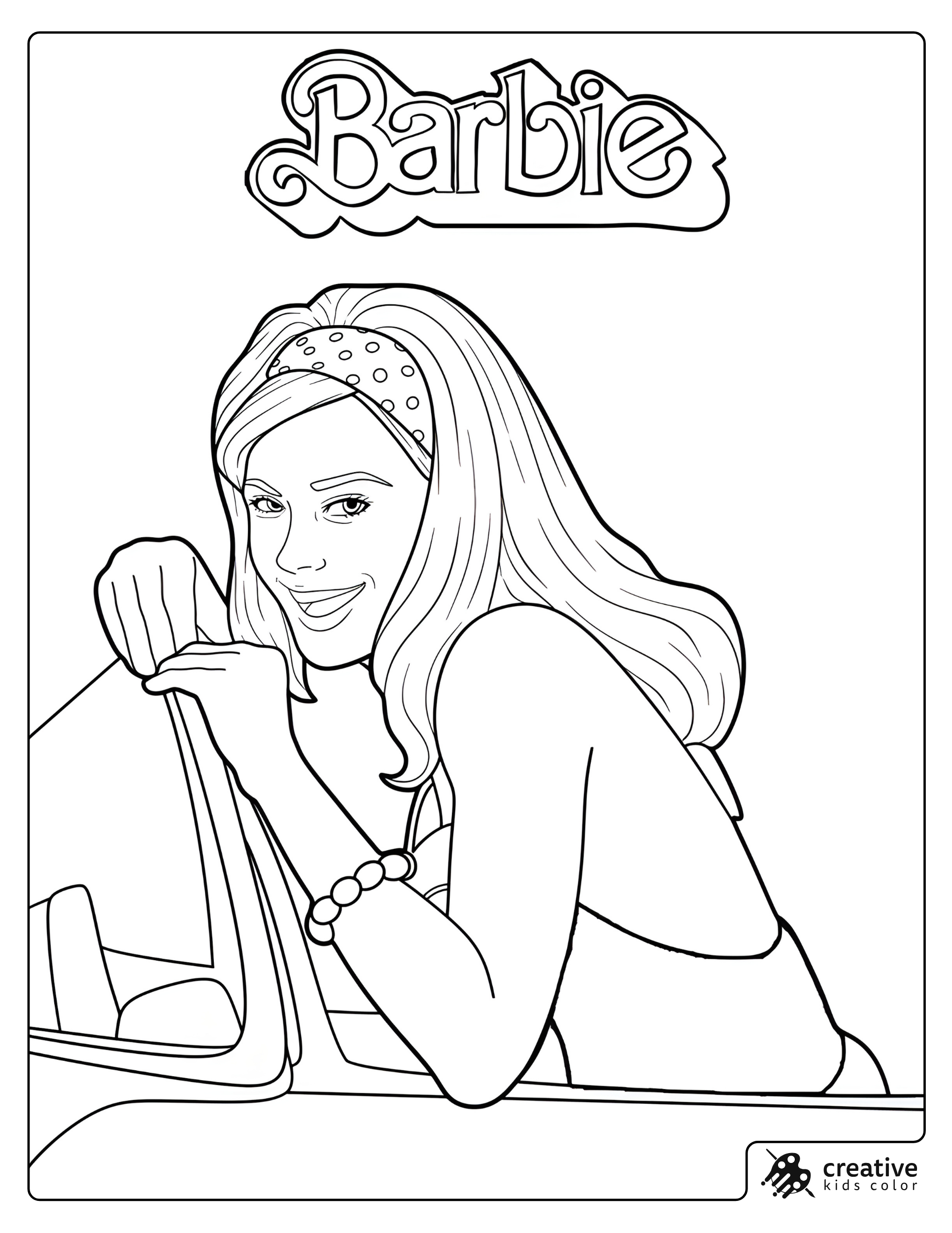 Barbie Movie Coloring Page With Barbie Leaning Out Of A Car Window Under The Barbie Logo.