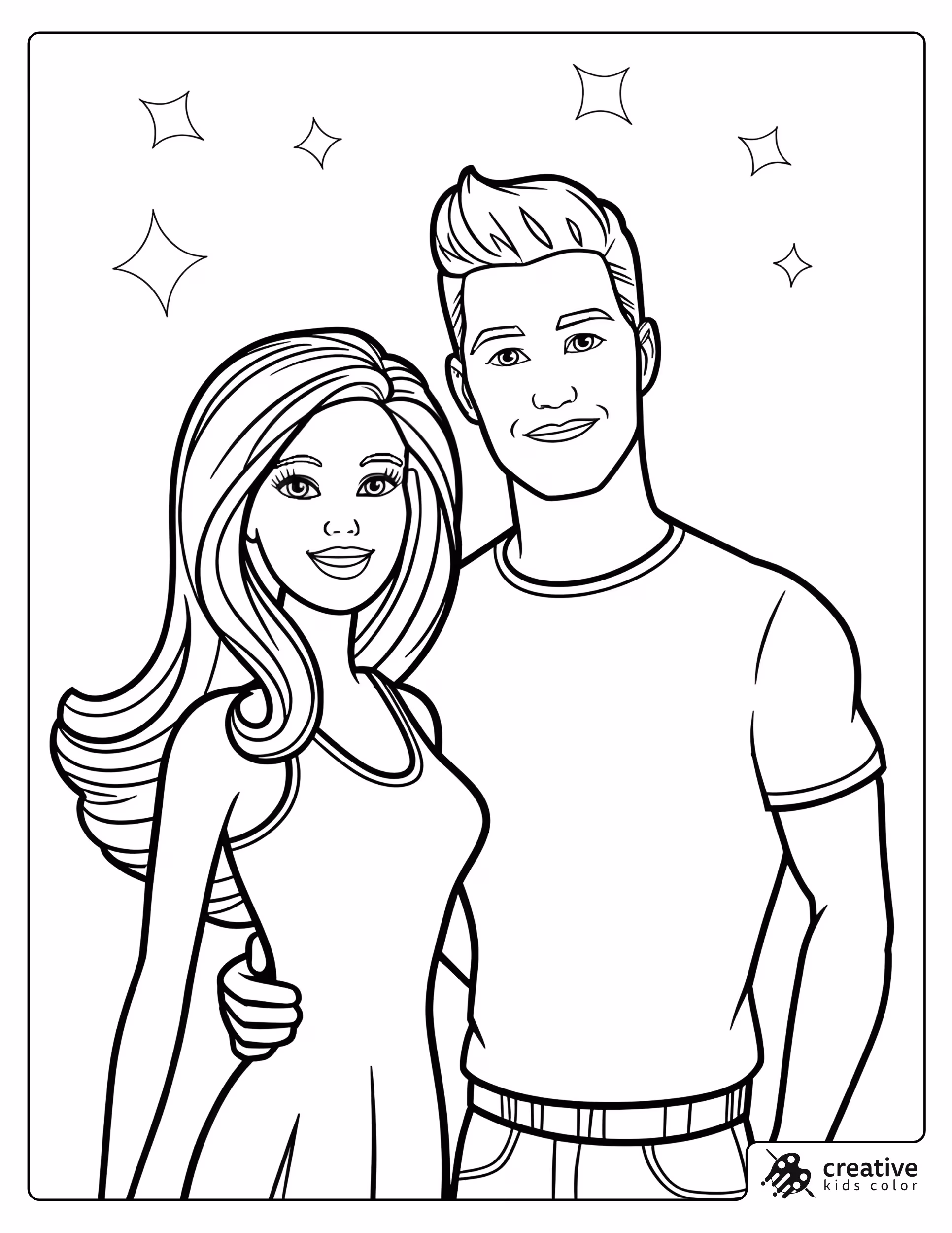 Barbie And Ken Coloring Page With Barbie And Ken Smiling Together With Sparkles In The Background.