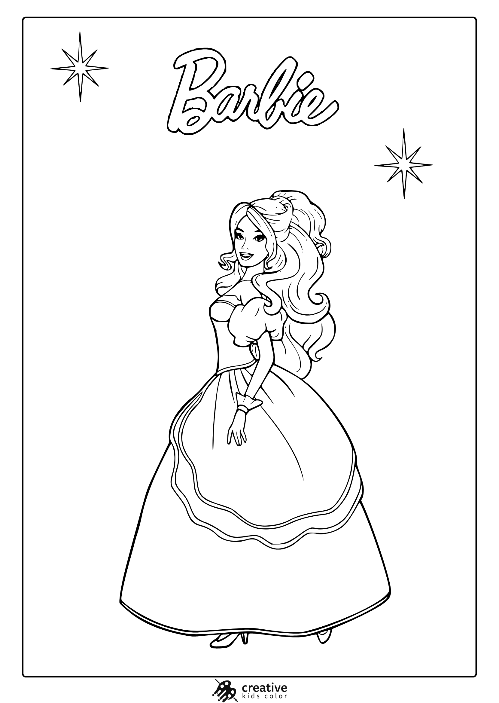 Coloring Page Of Barbie In An Elegant Ball Gown With Ruffles And Decorative Stars.