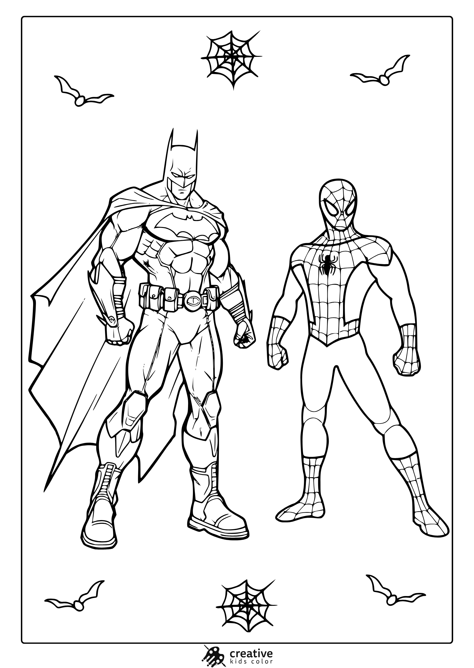Batman And Spider-Man Coloring Page With Bold Comic Style And Character Details.