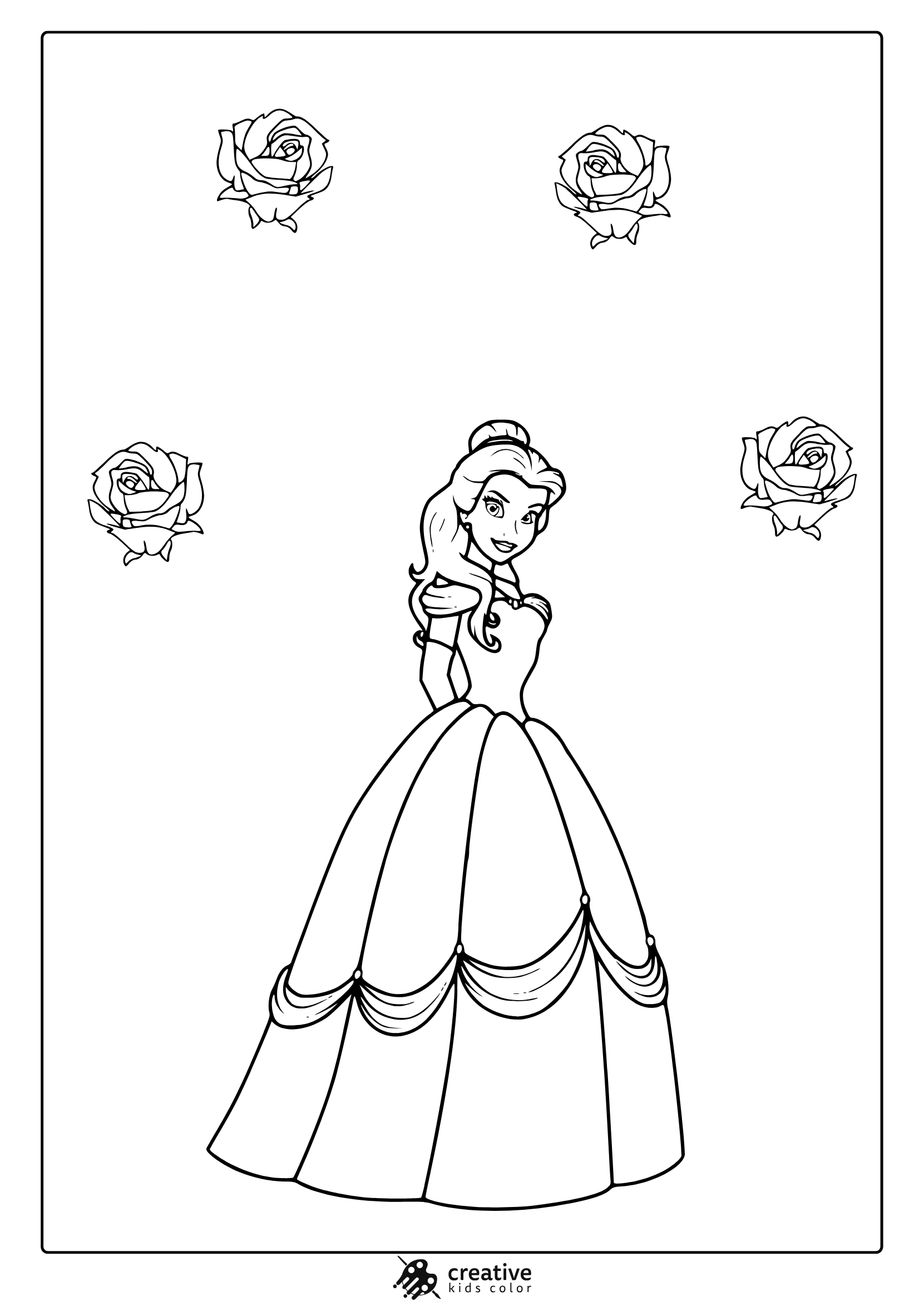 Coloring Page Of Belle In A Classic Gown, Surrounded By Four Decorative Rose Illustrations.