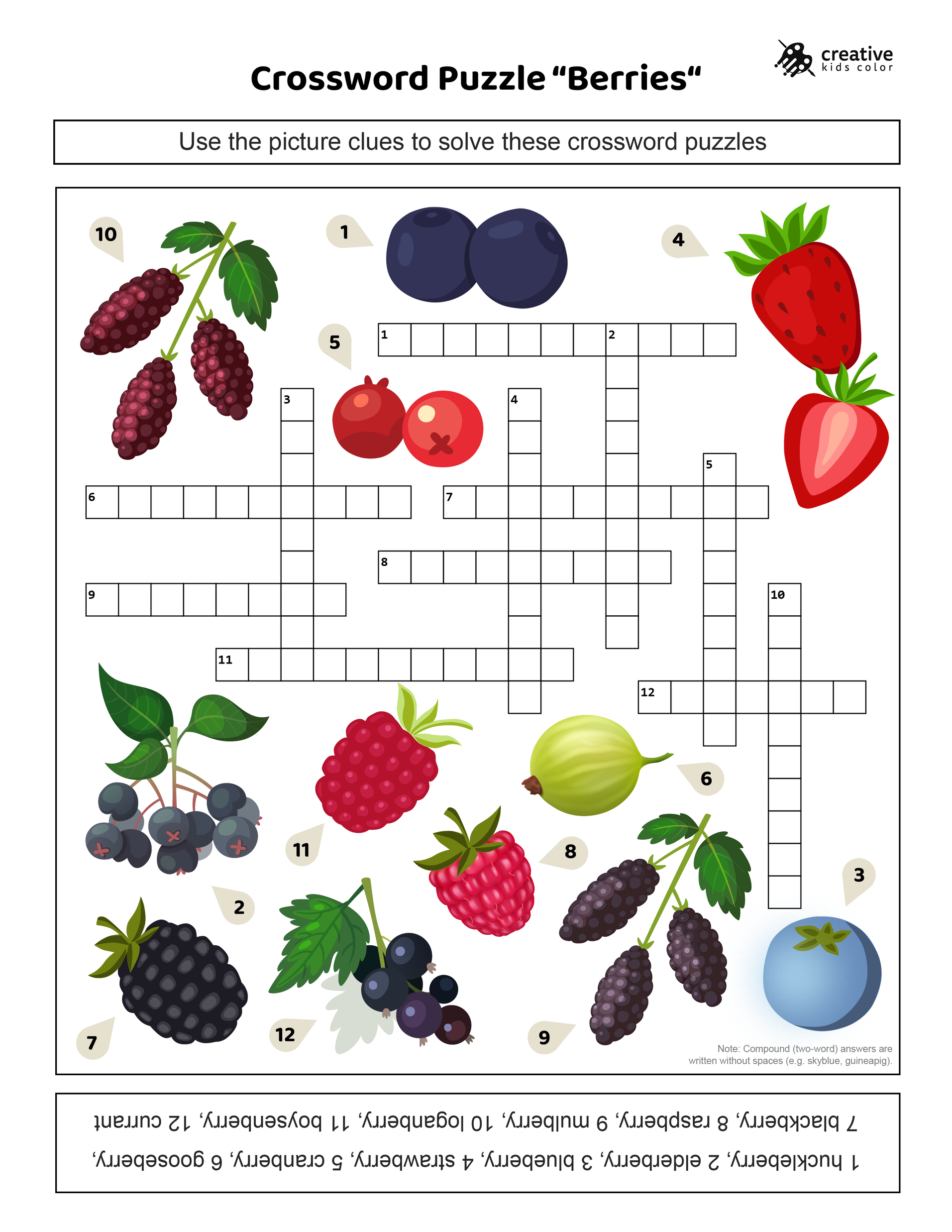 Free printable berries crossword puzzle for advanced learners.