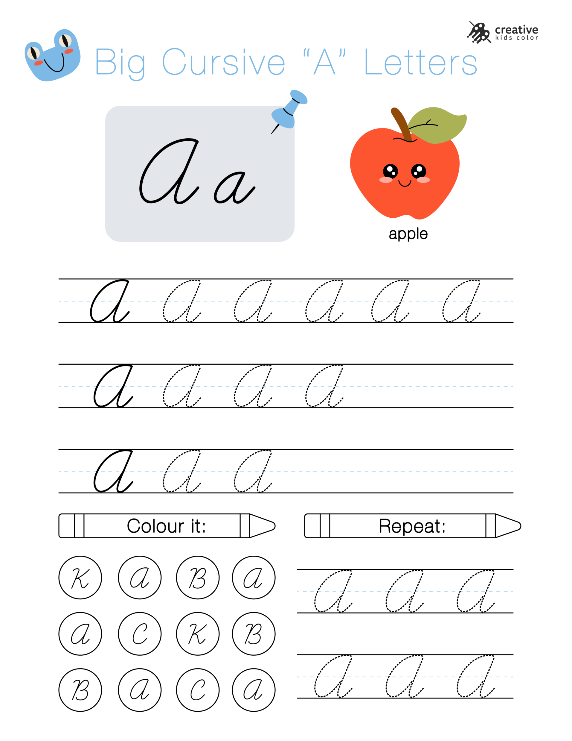 Alphabet Worksheet With Big Cursive A Letters For Handwriting Practice And Tracing Exercises.