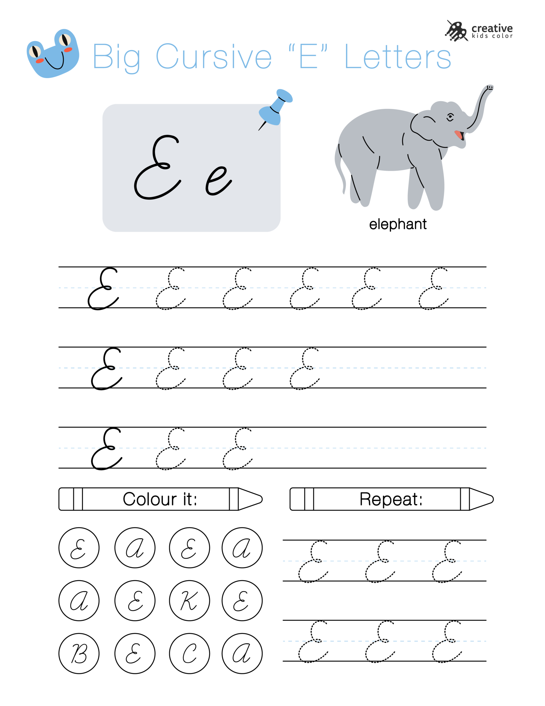 Alphabet worksheet with big cursive E letters for handwriting and tracing activities.