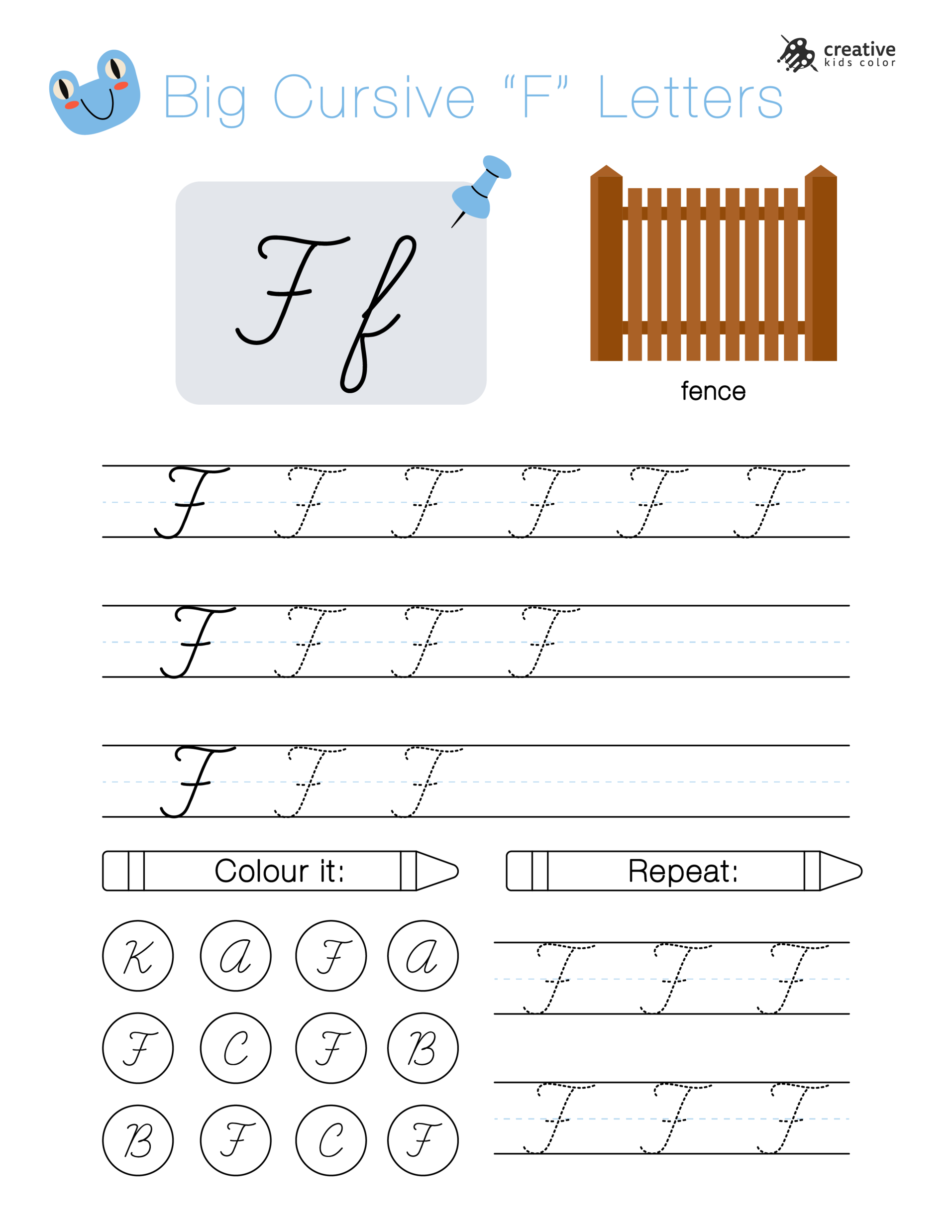 Big cursive F letters worksheet for tracing and practicing elegant cursive writing.