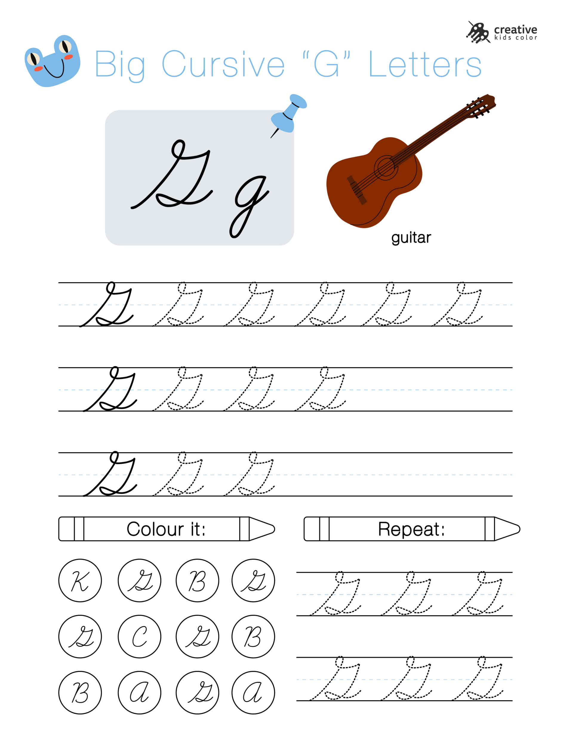 Alphabet worksheet with big cursive G letters for tracing and handwriting practice.