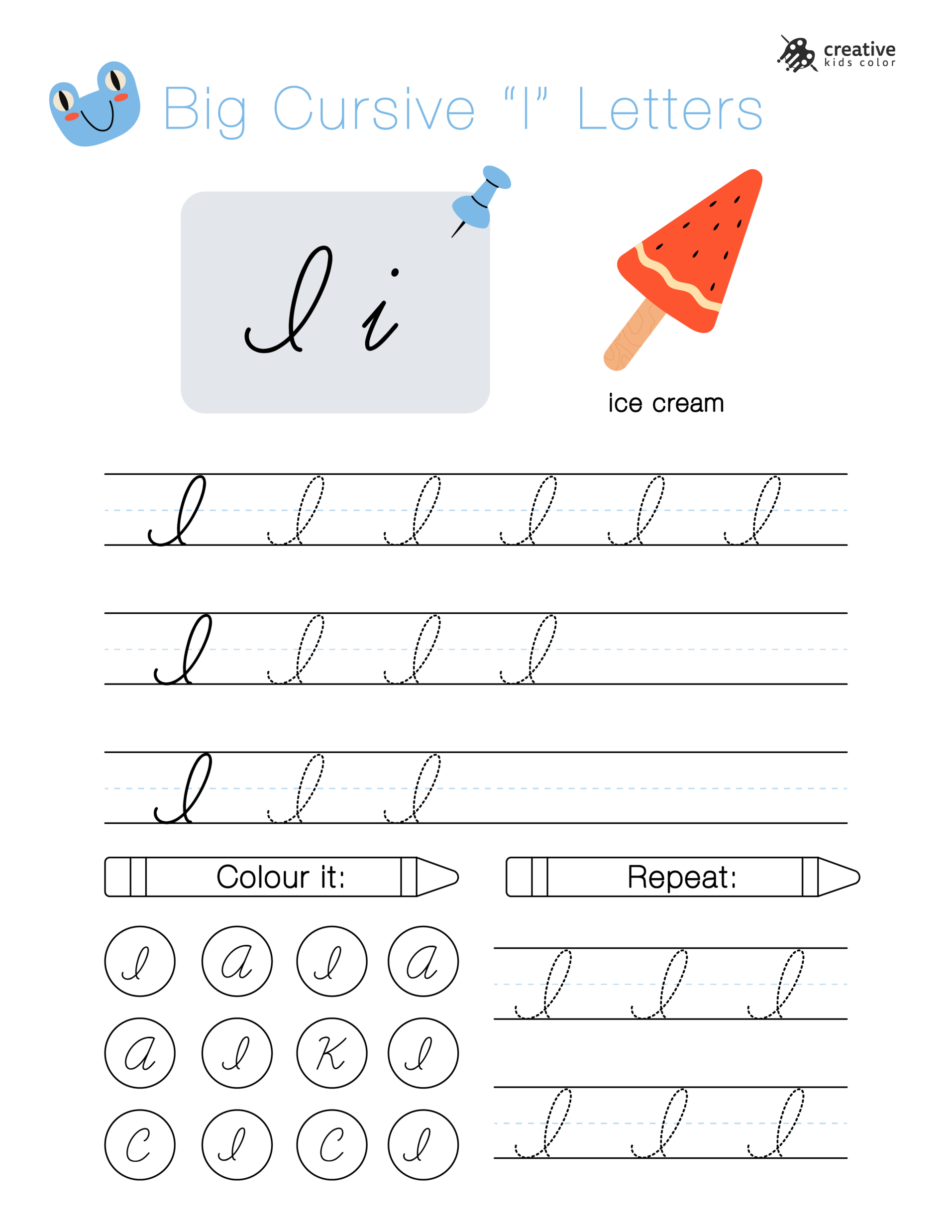 Alphabet worksheet with big cursive I letters for learning smooth handwriting patterns.