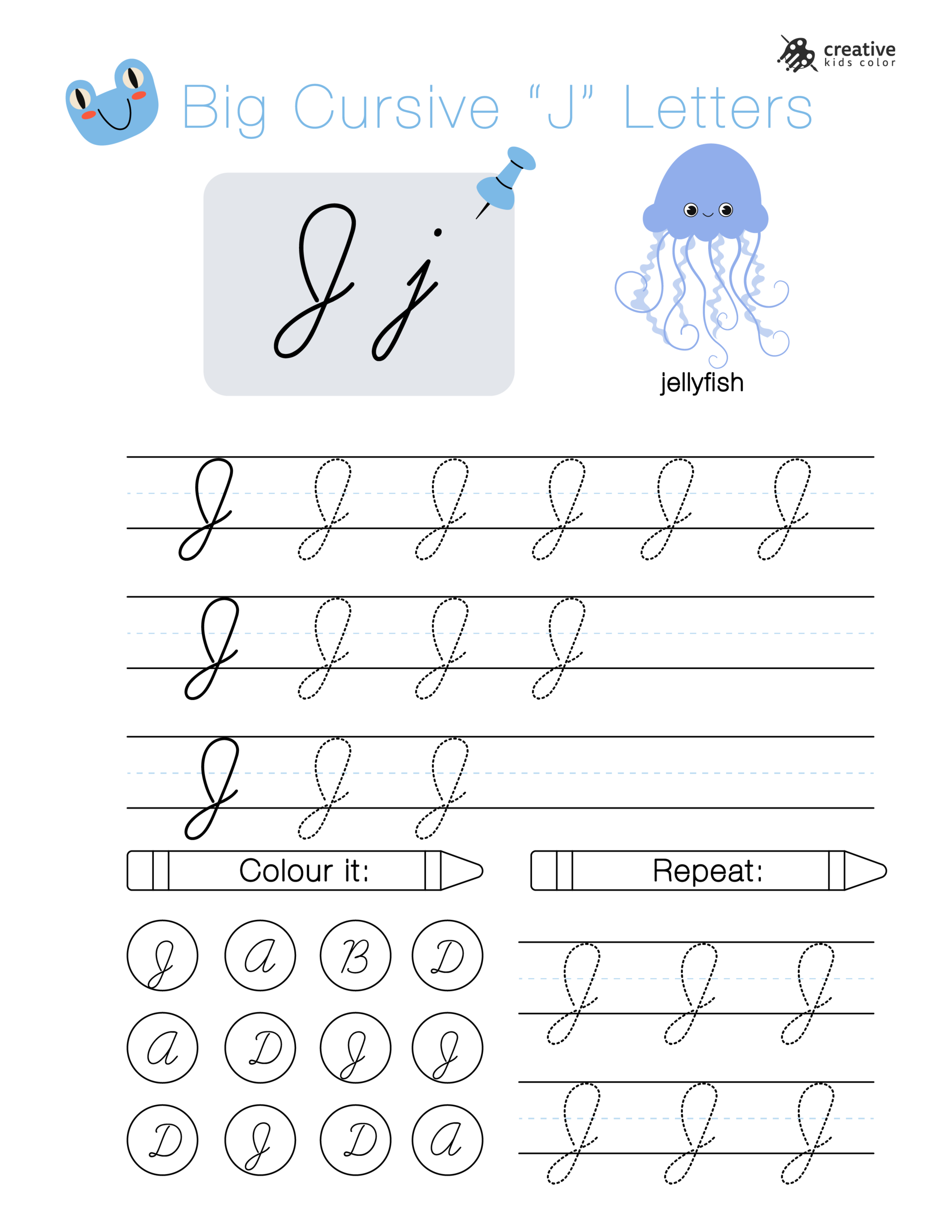Big cursive J letters worksheet for handwriting and tracing beautiful cursive strokes.
