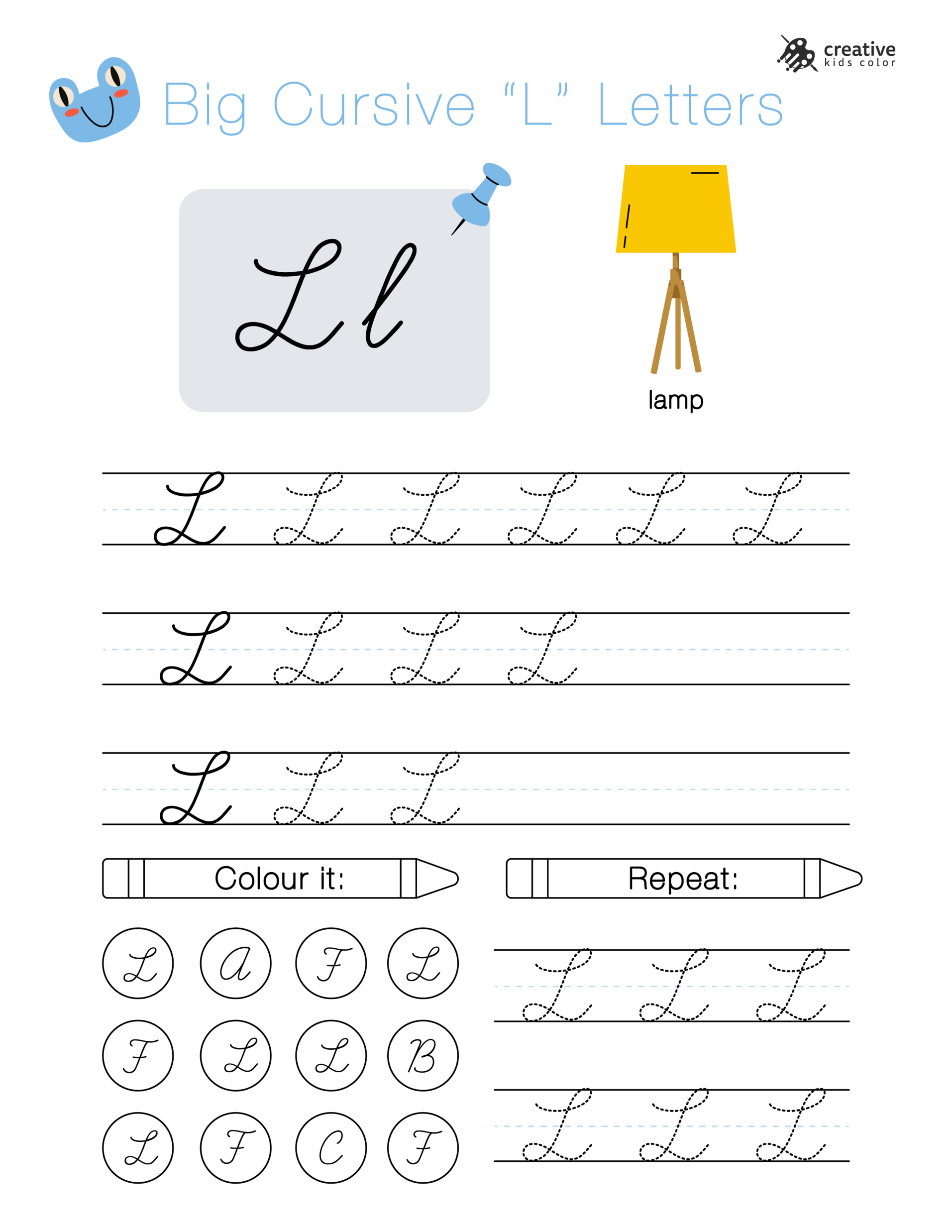 Big cursive L letters worksheet for handwriting improvement and cursive practice.