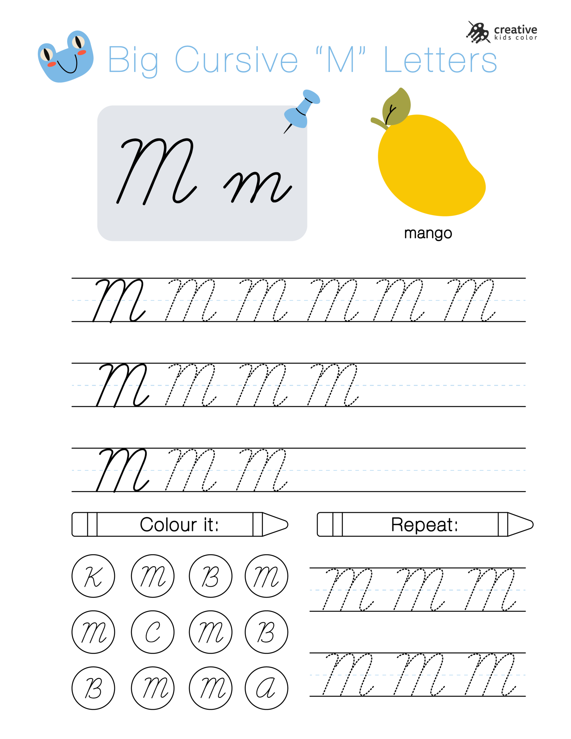 Big cursive M letters worksheet for handwriting practice and tracing exercises.
