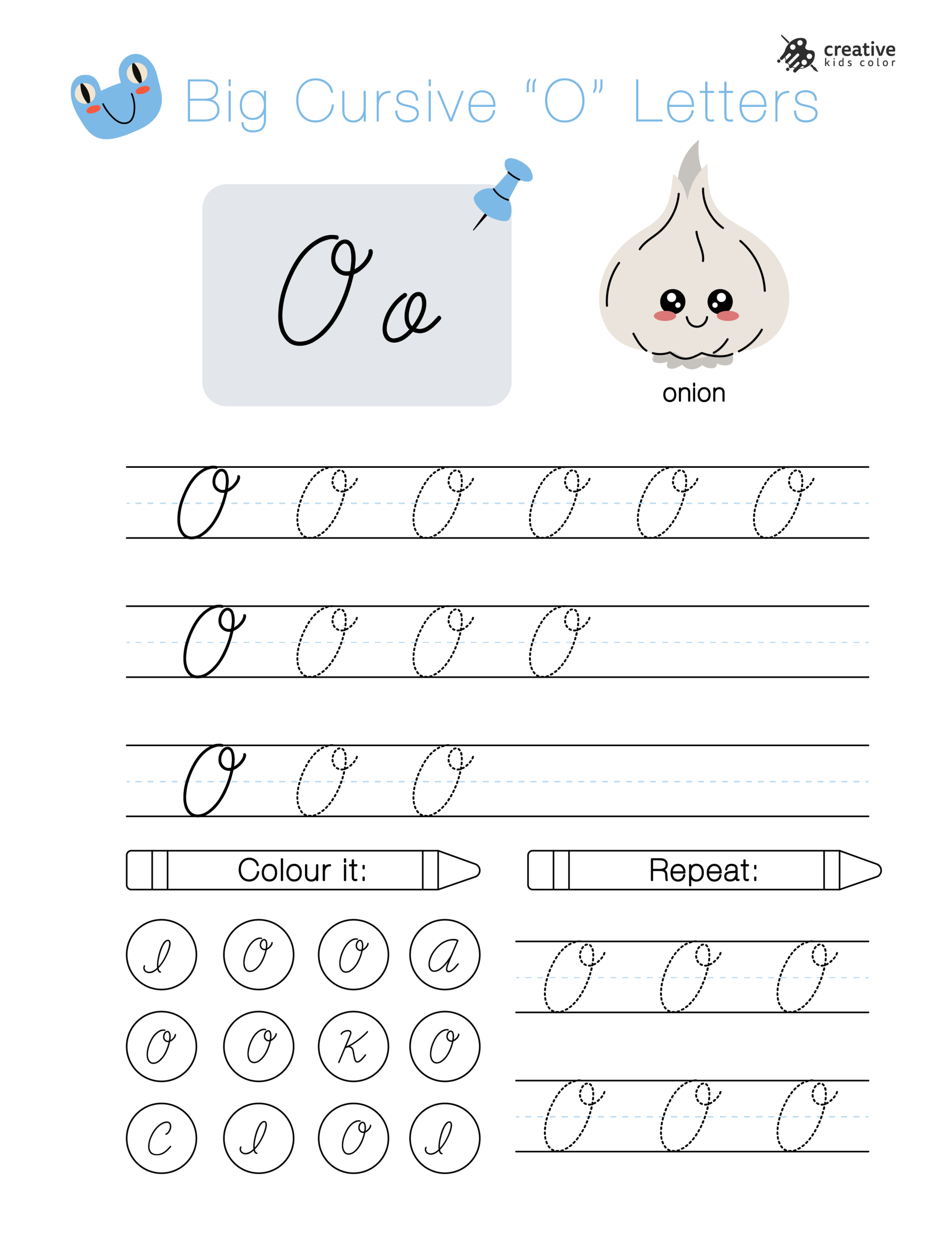 Alphabet worksheet with big cursive O letters for tracing and writing practice.