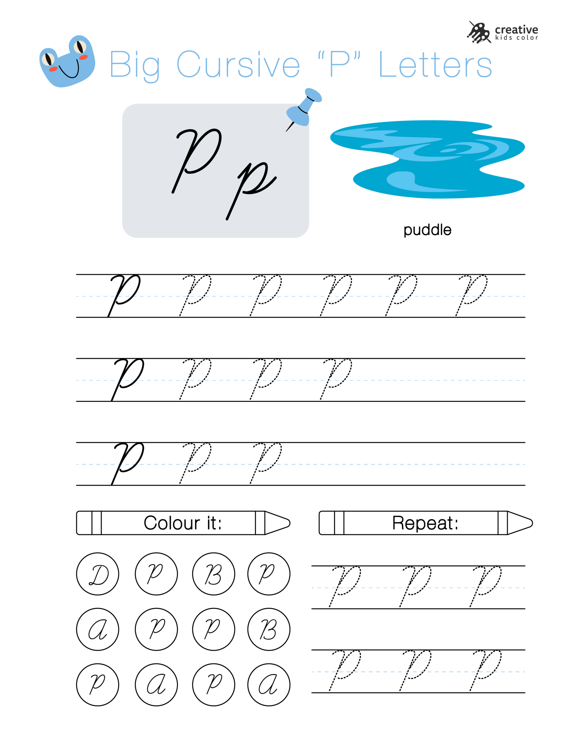 Big cursive P letters worksheet for tracing and perfecting cursive handwriting.