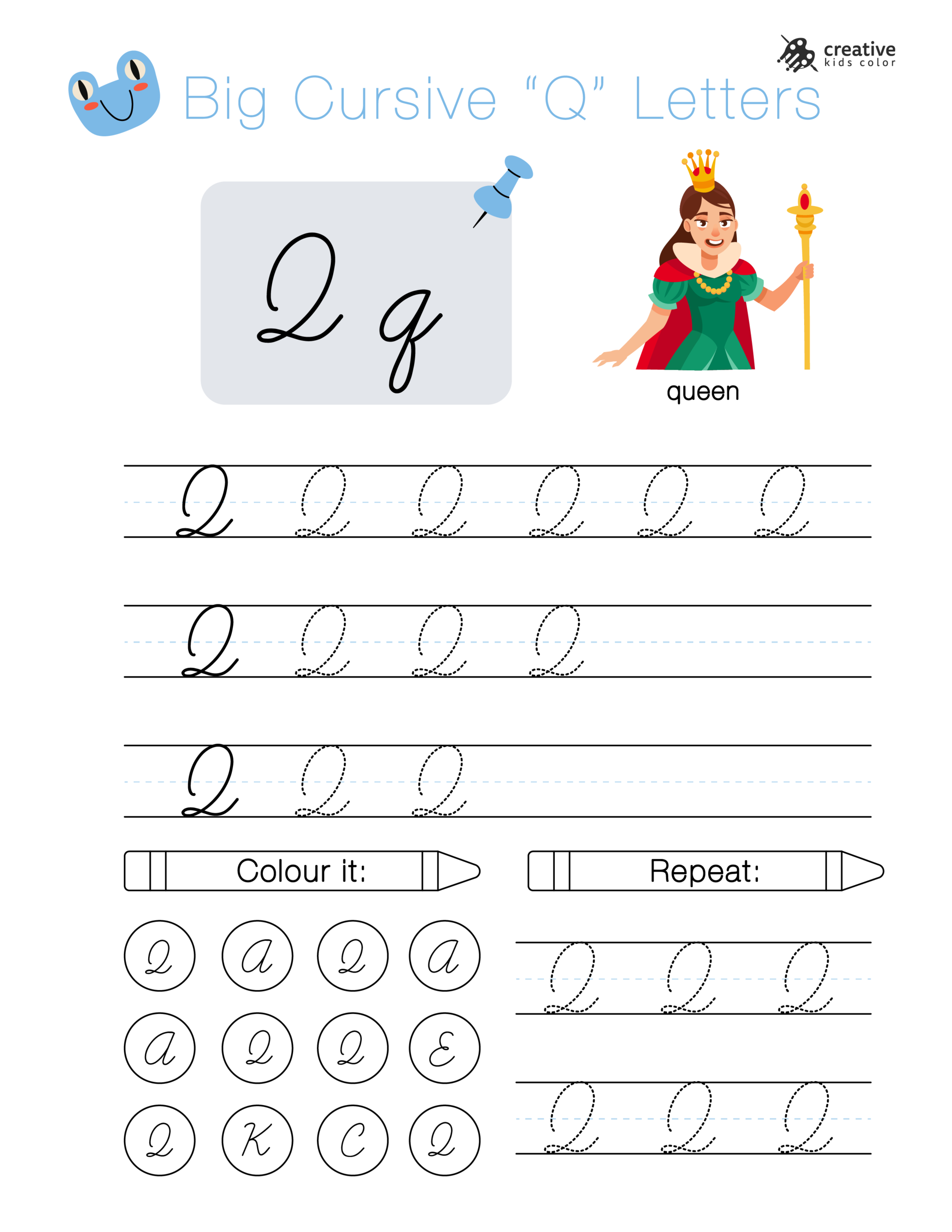 Alphabet worksheet with big cursive Q letters for tracing and cursive handwriting.