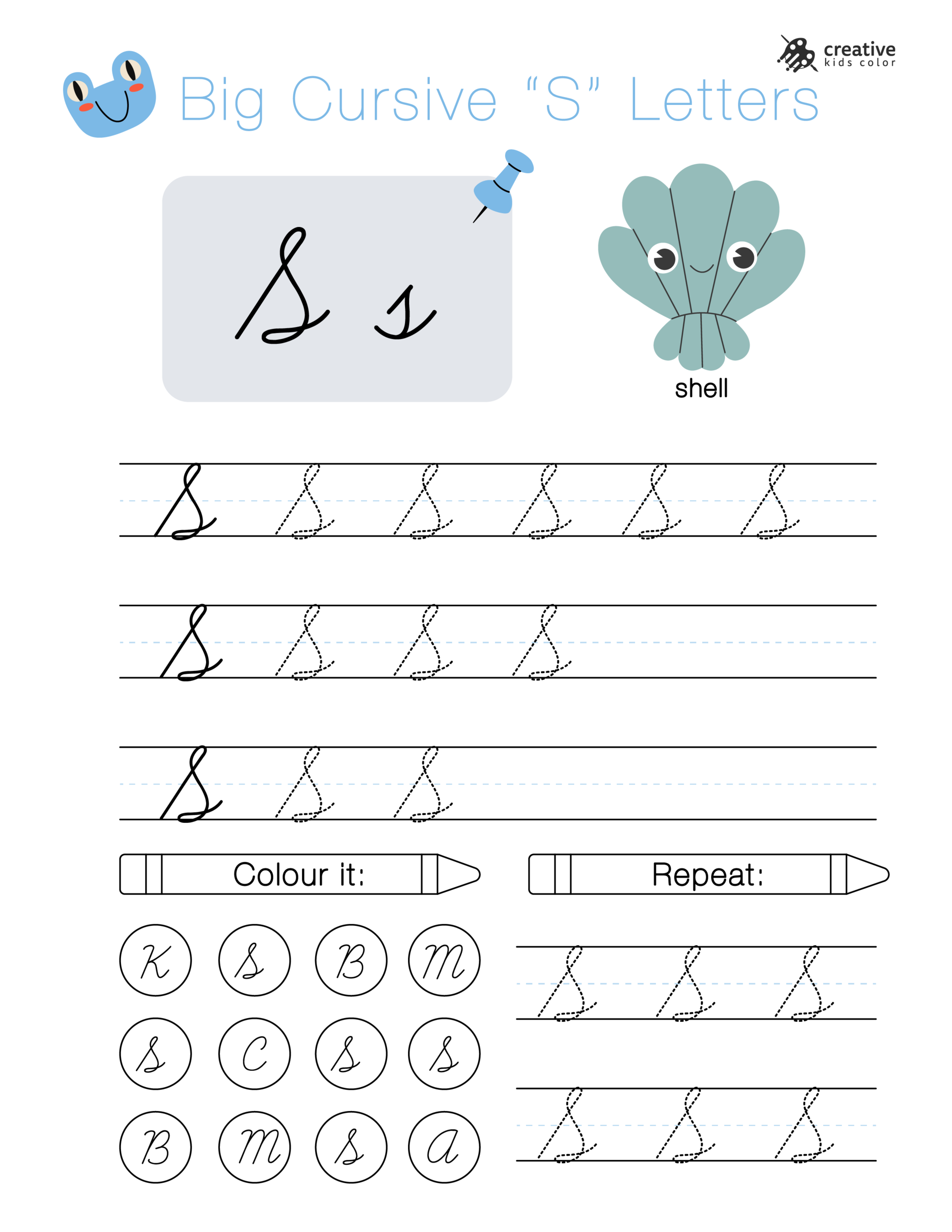Alphabet worksheet with big cursive S letters for handwriting tracing and practice.