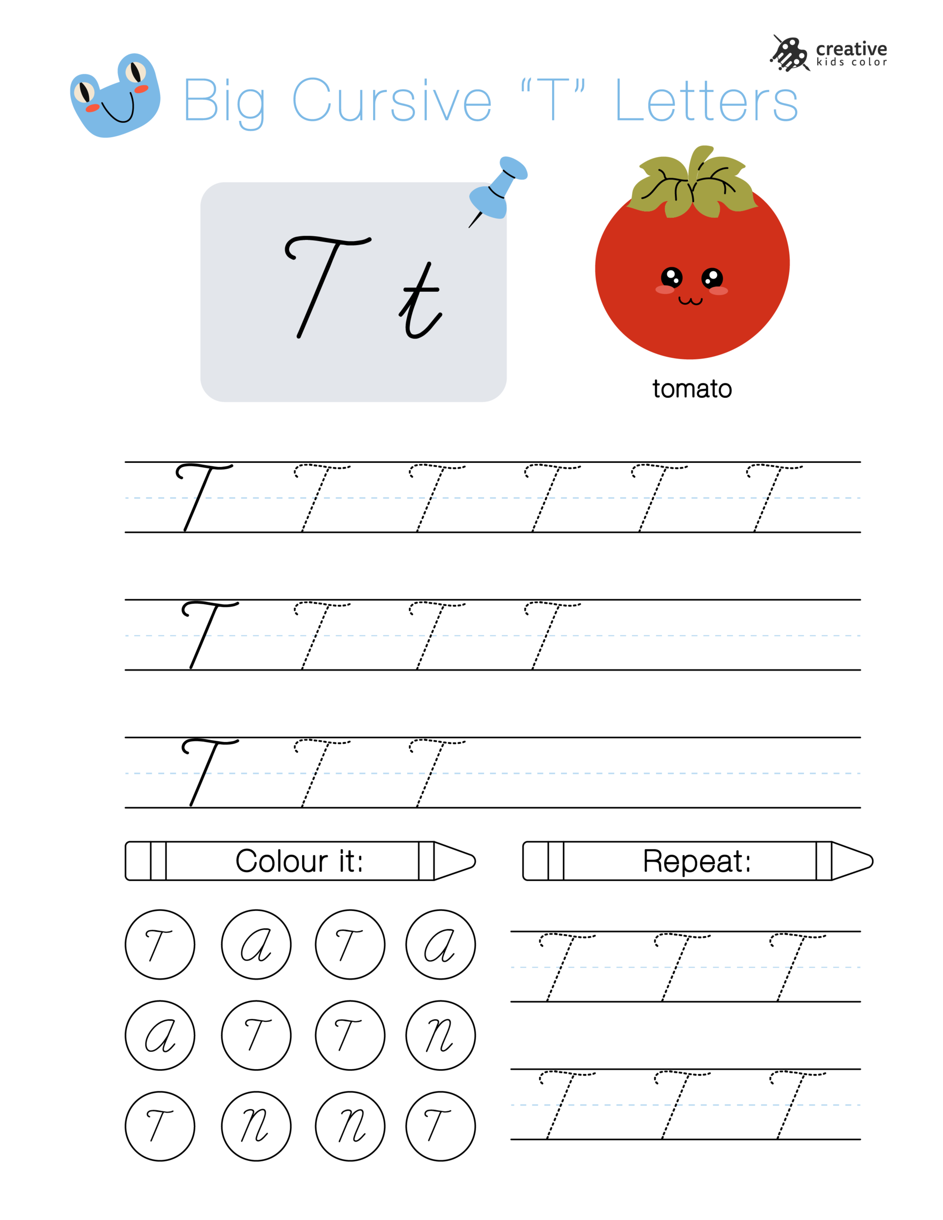 Big cursive T letters worksheet designed for handwriting and tracing exercises.