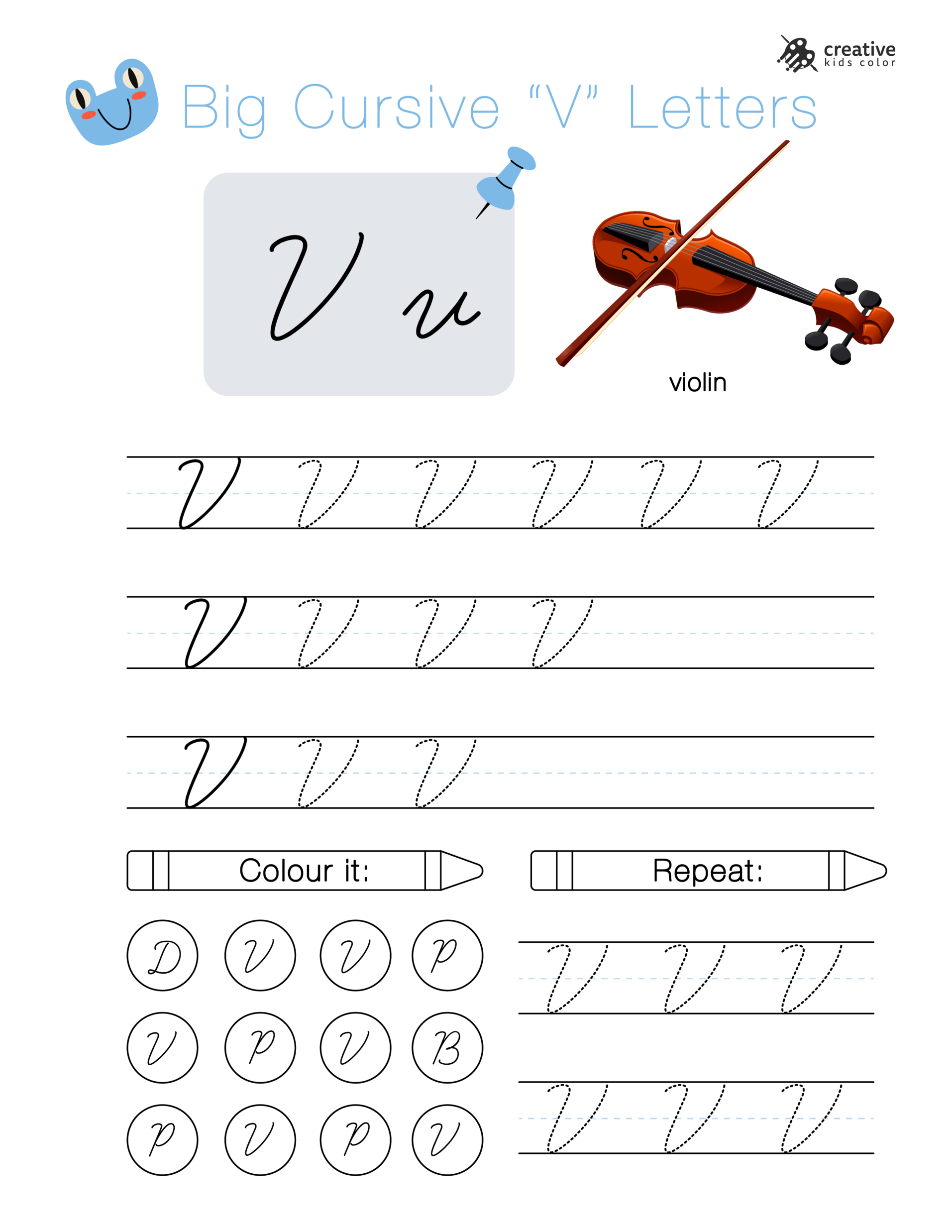 Big cursive V letters worksheet for improving handwriting and tracing cursive lines.