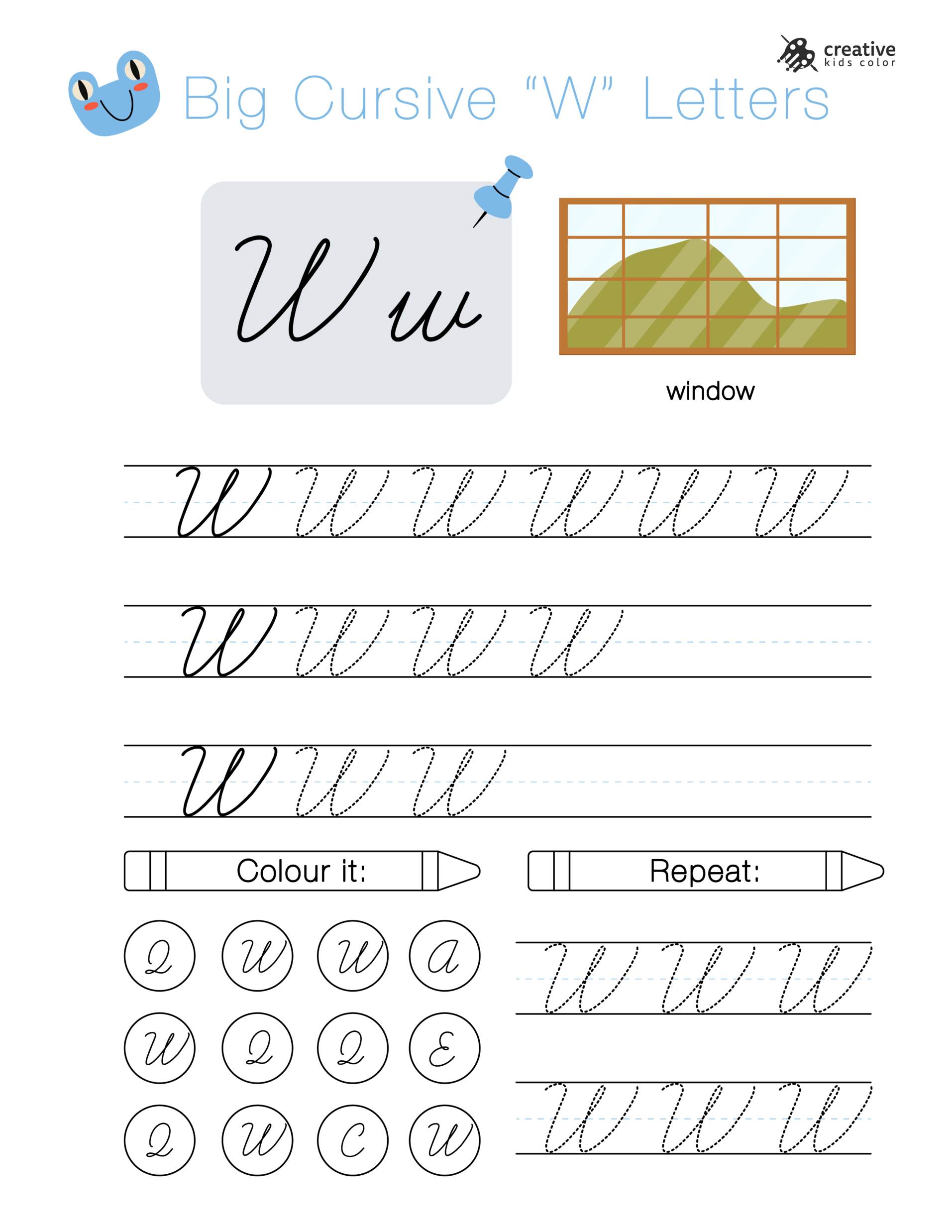Alphabet worksheet with big cursive W letters for handwriting and tracing activities.
