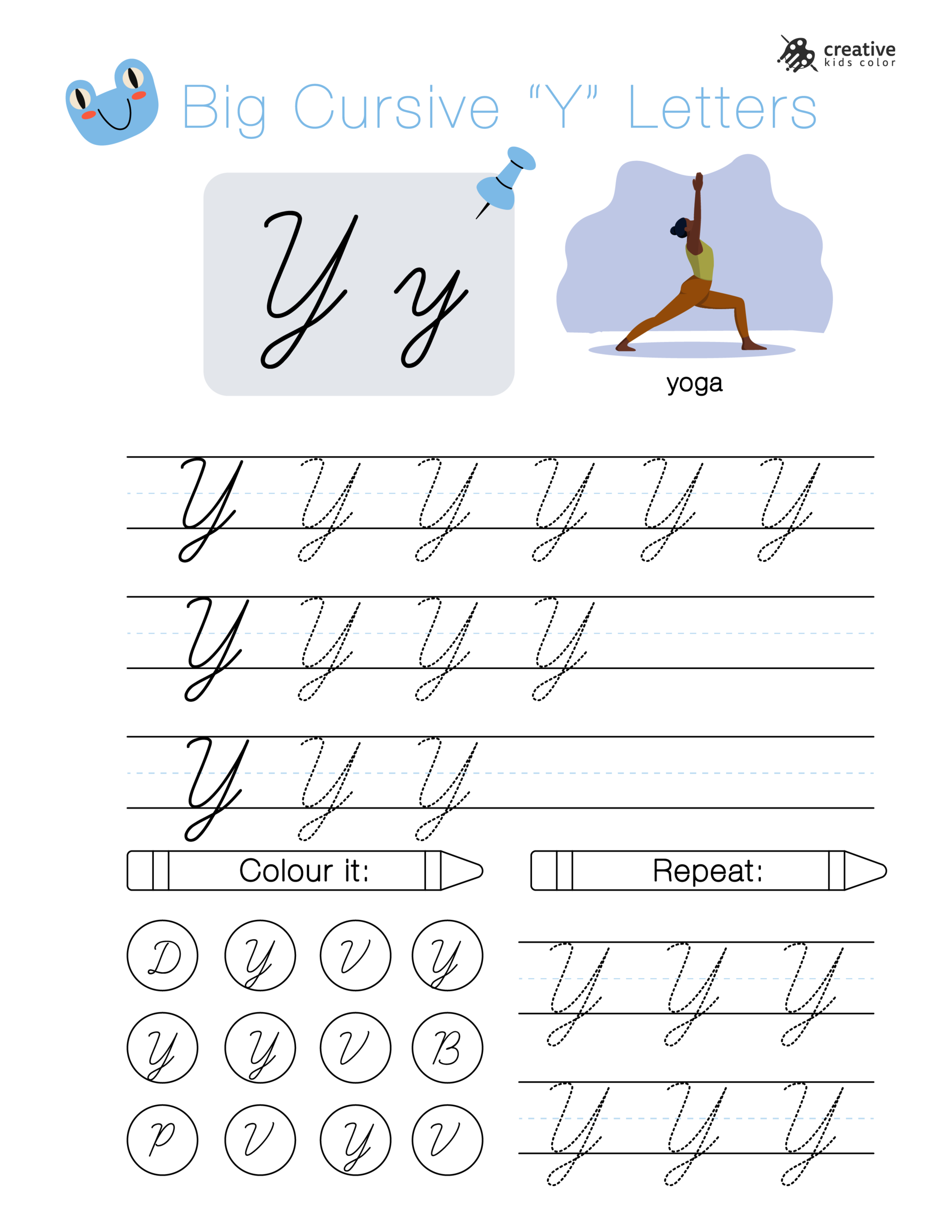 Alphabet worksheet with big cursive Y letters for tracing and writing in cursive.