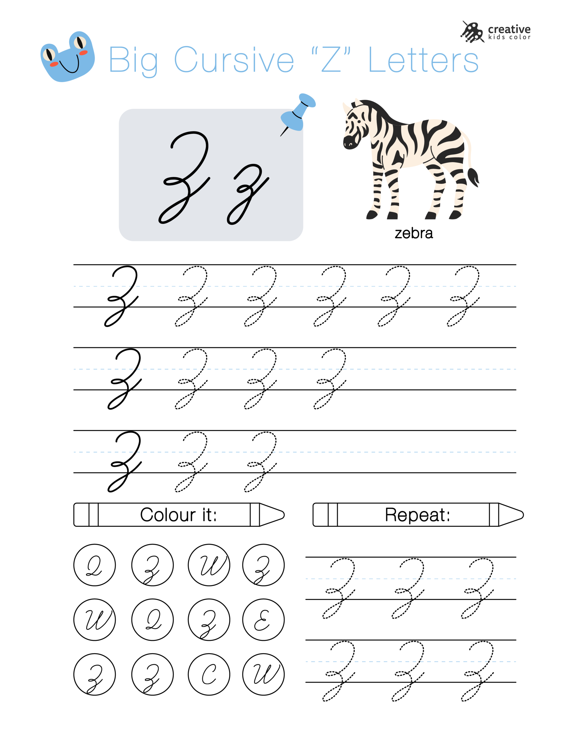 Big cursive Z letters worksheet for tracing and practicing elegant cursive handwriting.
