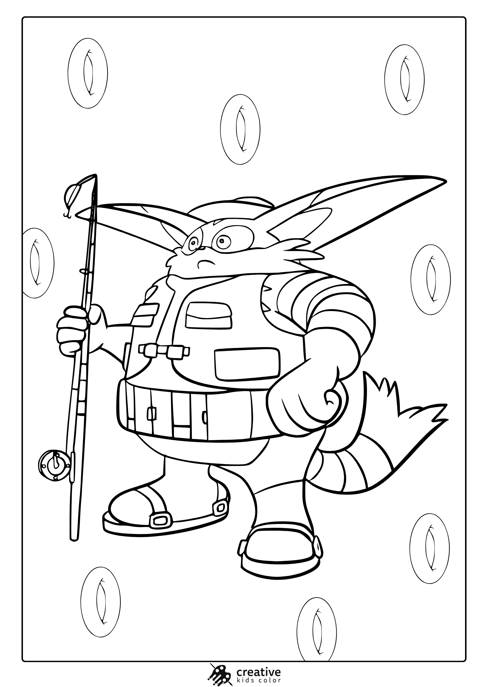 Coloring Page With Big The Cat In Military Outfit Holding A Fishing Rod.