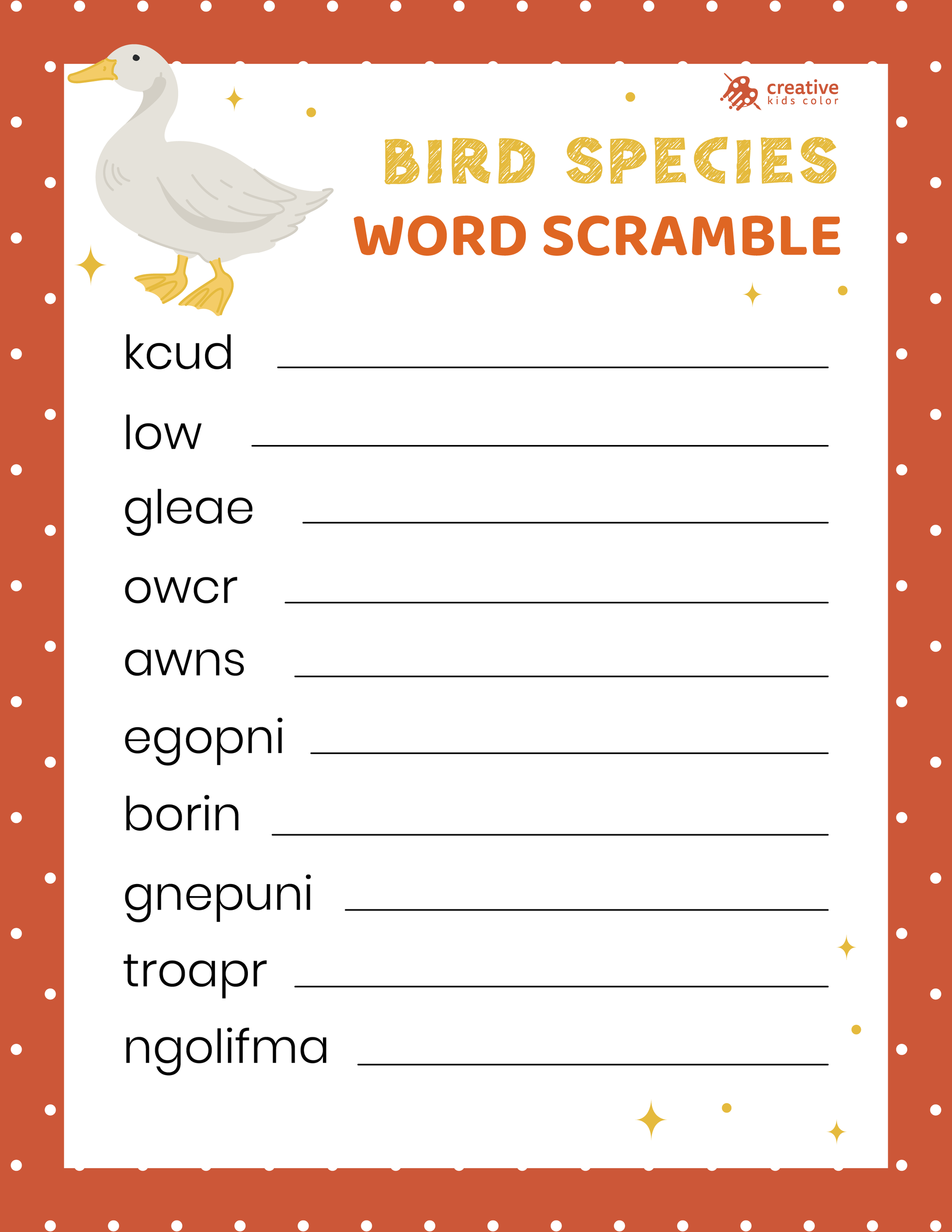 Free printable Bird Species Word Scramble to identify popular birds and practice spelling.