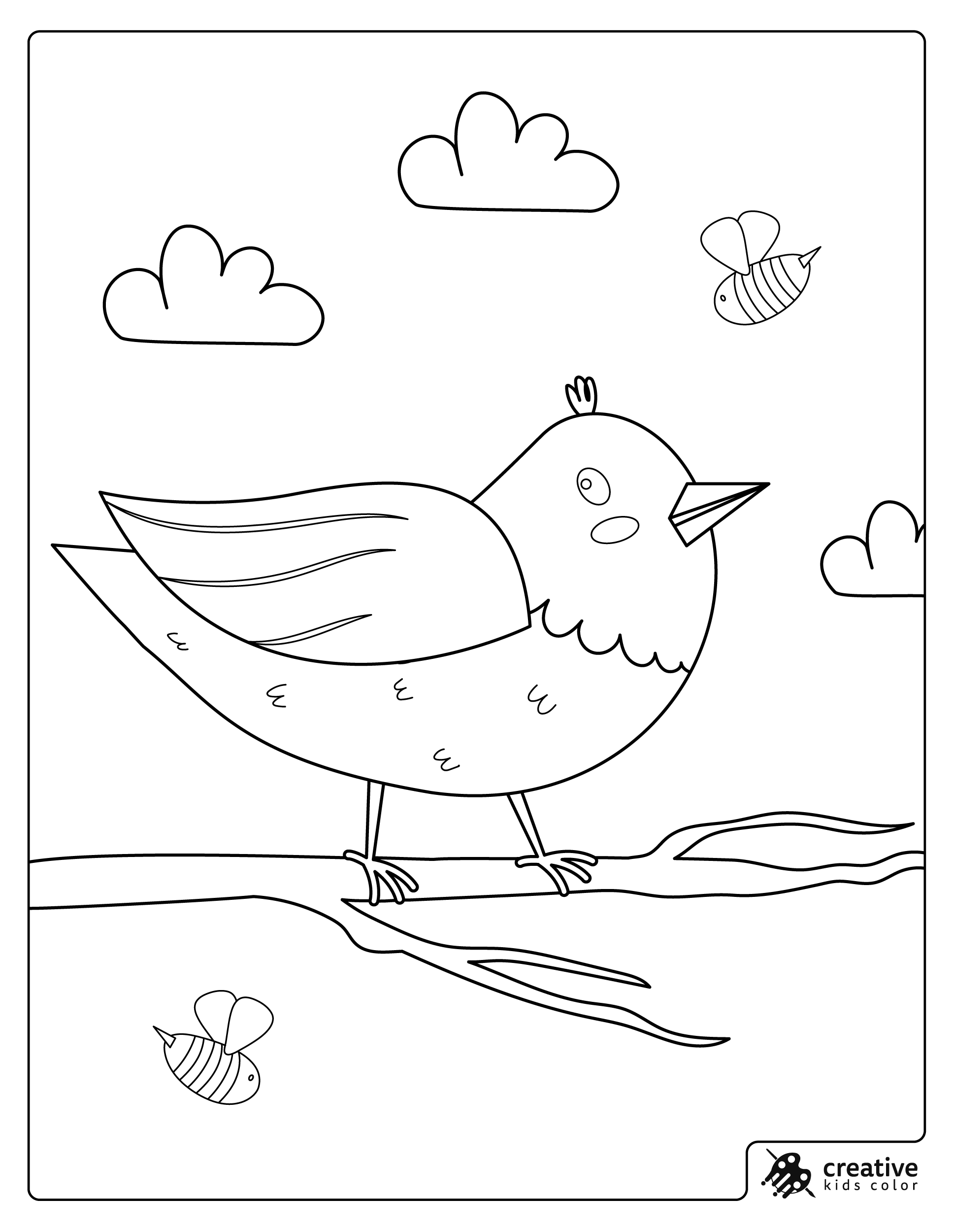 Bird Coloring Page Showing A Bird Standing On A Branch With Bees And Clouds Around.