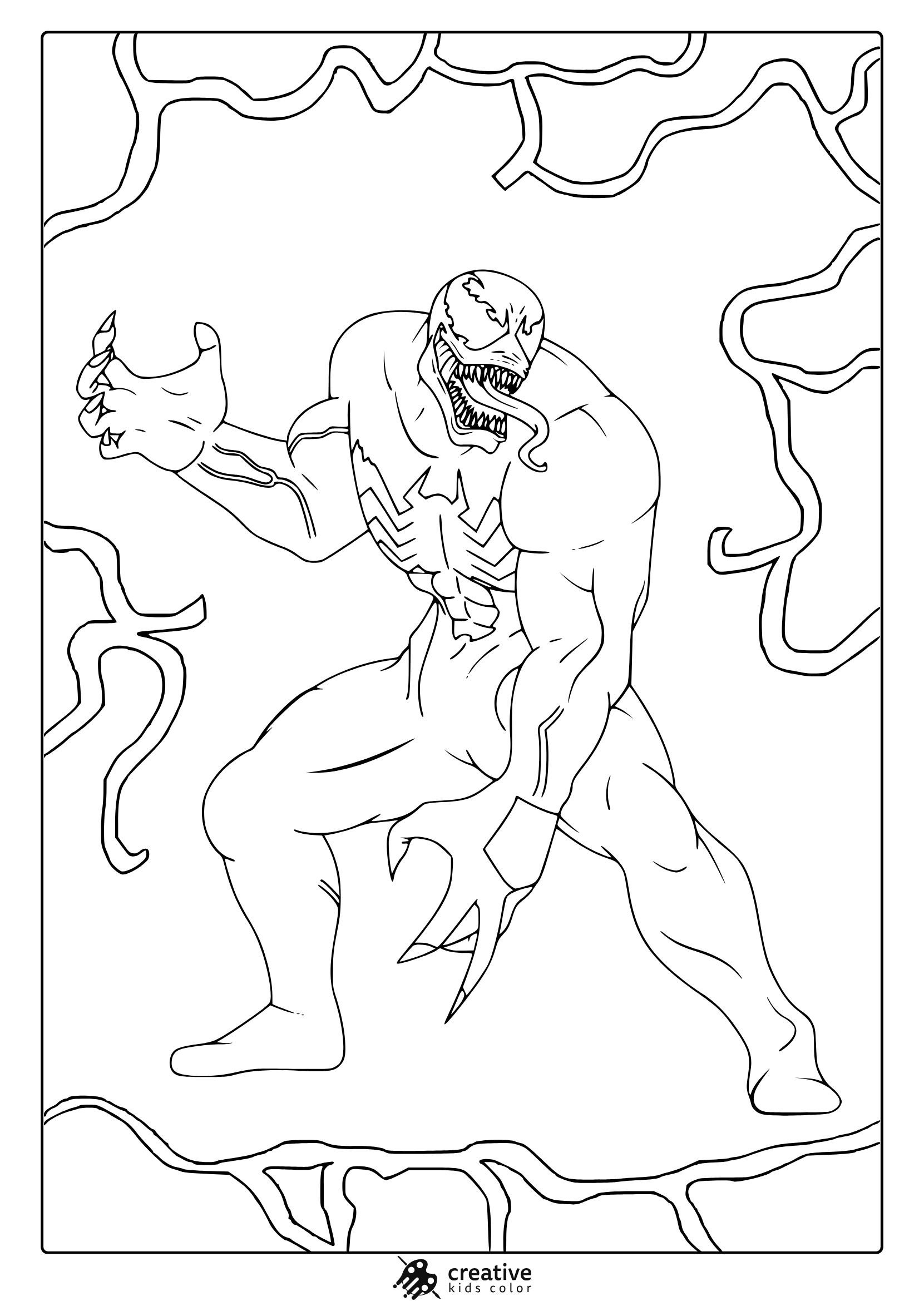 Black Venom Coloring Page With Bold Linework Showing Venom’s Combat Stance And Tendril-Filled Chaotic Background.