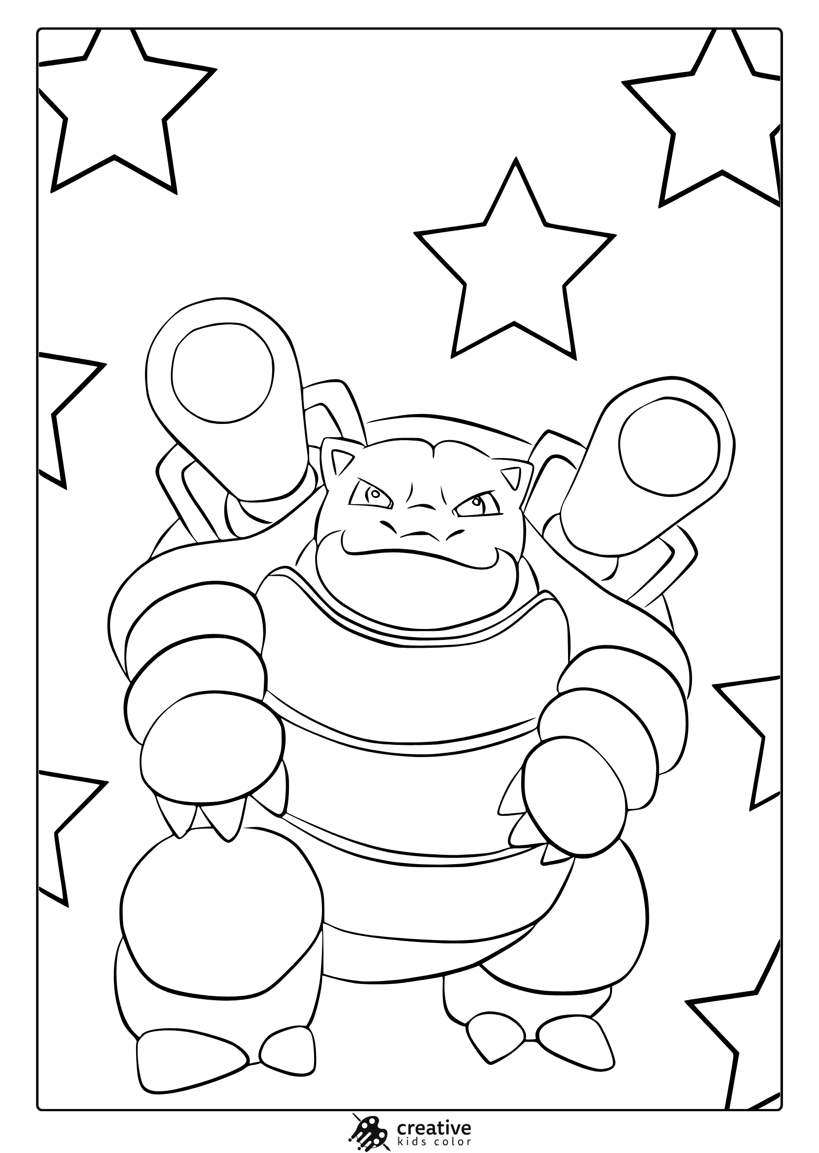 Blastoise With Spiral Patterns And A Star Border On A Bold Black And White Coloring Page.